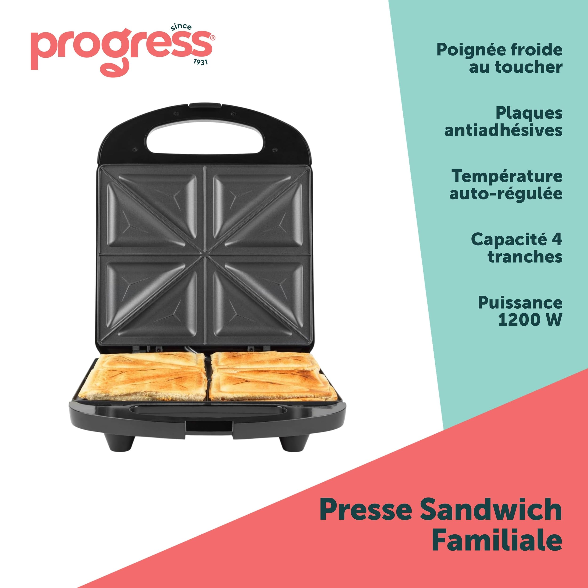 Progress Appareil à Croques – Machine à Sandwichs Antiadhésive, Prépare 4 Croques-Monsieur, Plaques 4 Tranches, Température Automatique, Poignée Cool Touch, Facile à Nettoyer, 1200 W