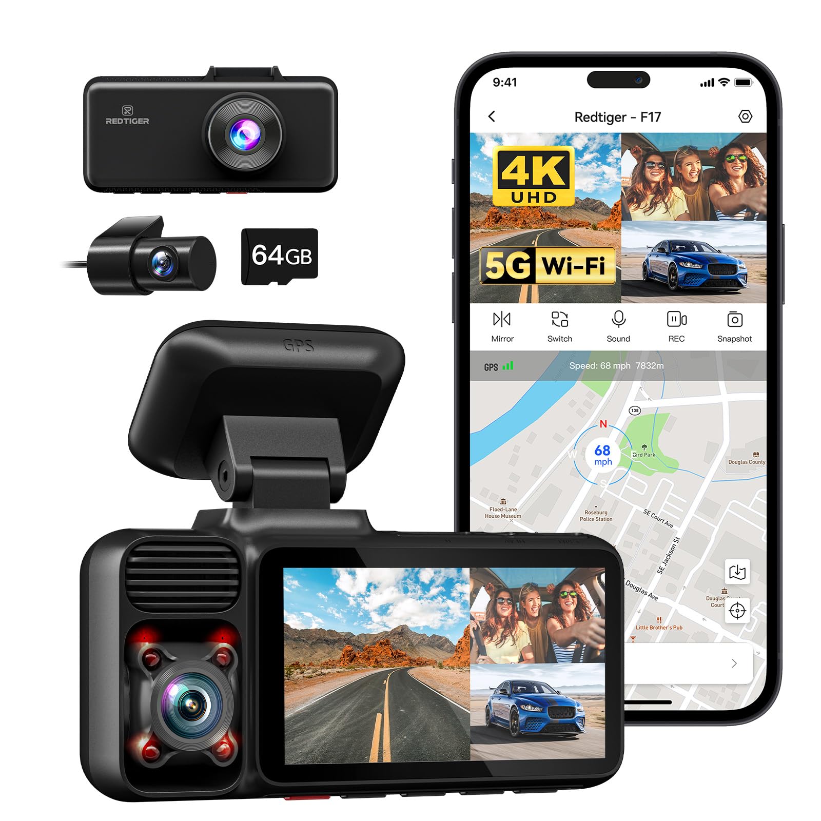 Sponsored Ad - F17 4K 3 Channel Dash Cam 5G WiFi Built-in GPS, Free 64GB Card, 2160P+1080P+1080P Front and Rear Inside Loop Recording, Triple Car Camera with 3 Inch Screen, IR Night View, WDR, Parking Mode