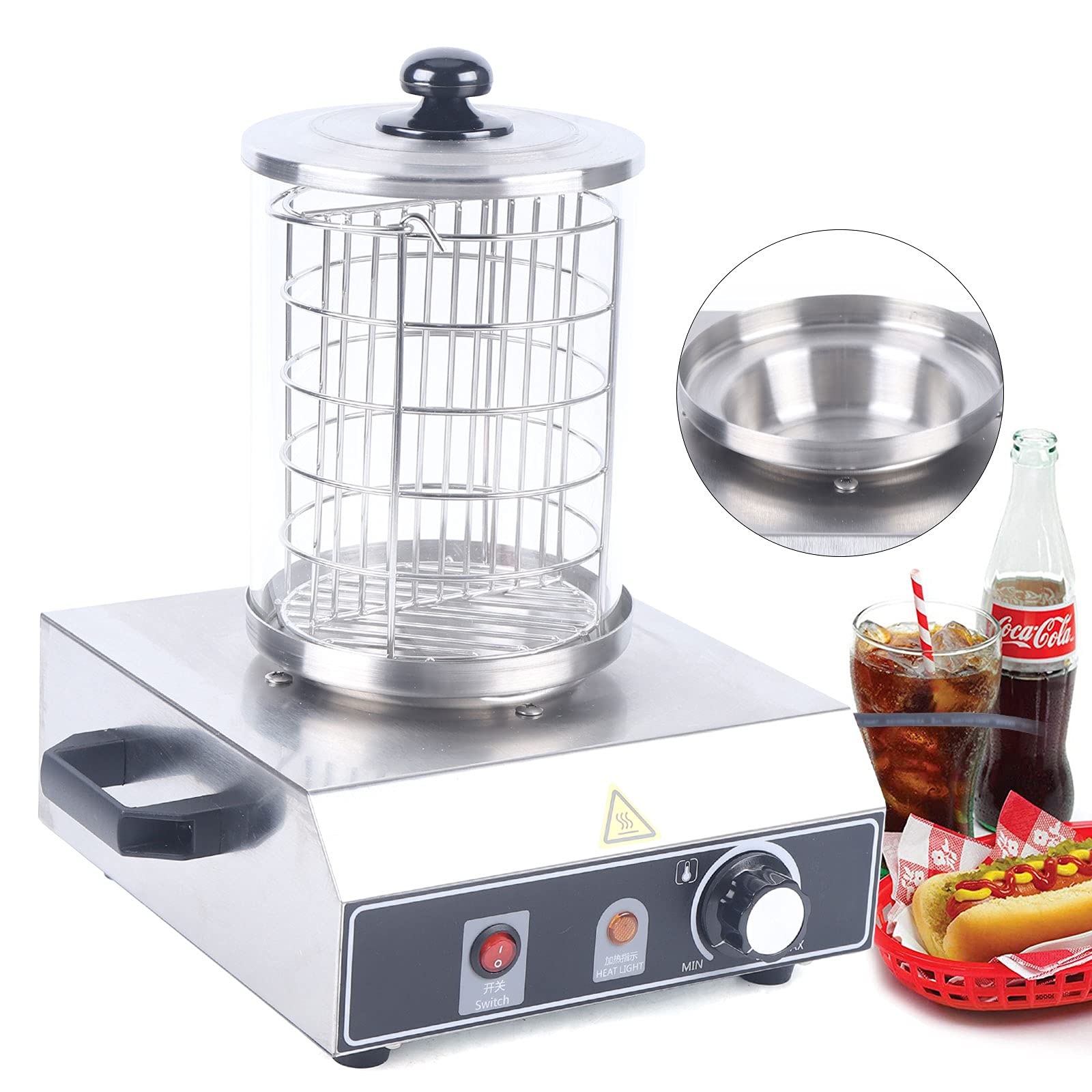 Würstchenwärmer, 350W Hot Dog Maker Temperaturbereich 0-85 °C Zylinderdurchmesser 16 cm Profi Würstchenkocher aus Edelstahl