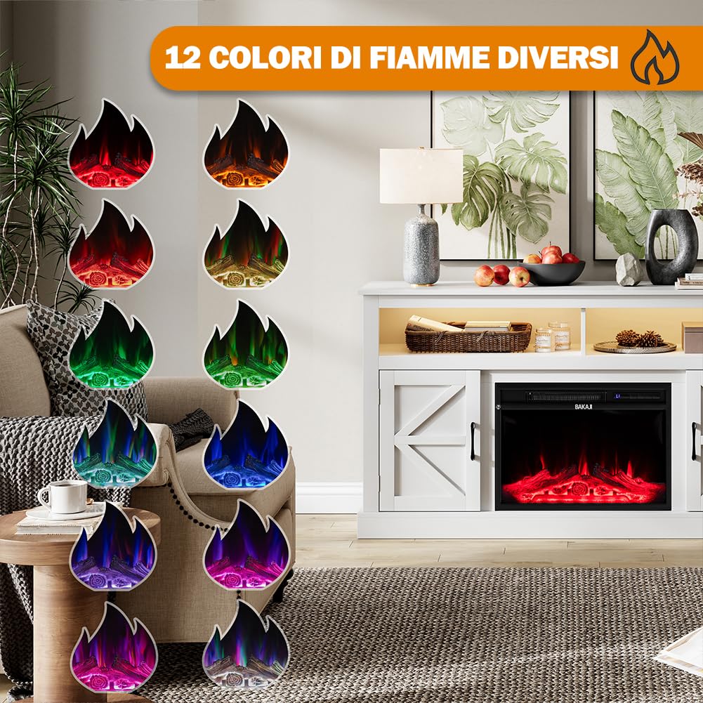 BAKAJI Mobile Tv per Soggiorno in Legno Bianco con Camino Elettrico, Madia a 2 Ante con Caminetto 1800W Completo di Mobile, Riscaldamento Due Potenze, Protezione Surriscaldamento e 15 Colori Luci Led