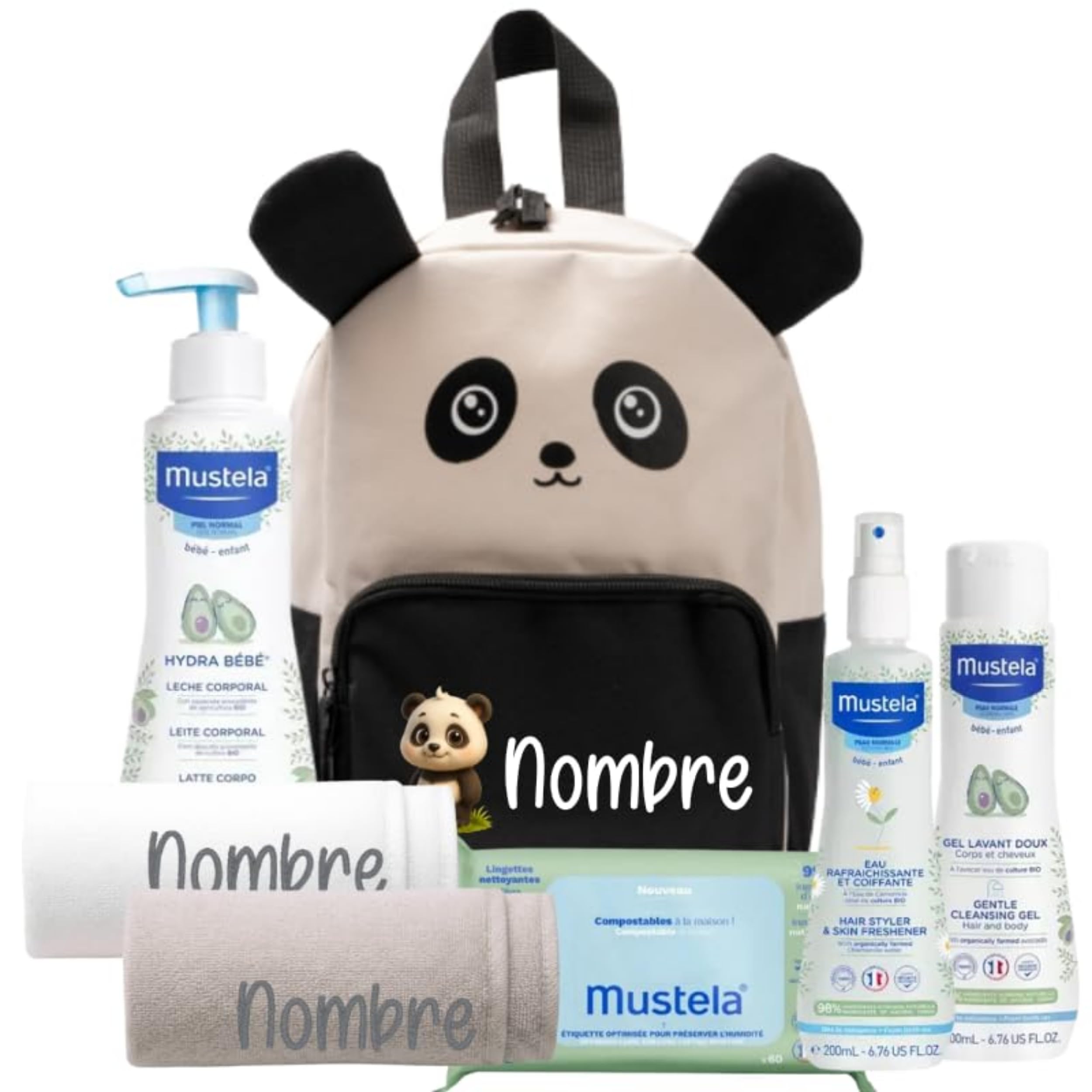 Set Guardería Bebé Personalizado con Mochila, Toallas Bordadas y Set de Higiene, Regalo para Bebé con Diseño de Animalitos (Panda)