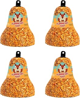 Mr. Bird Flaming Hot Feast Spicy Bird Seed Bell, 4-Pack | Premium Blend of Mealworms, Peanuts & Hot Pepper | Squirrel Repe...