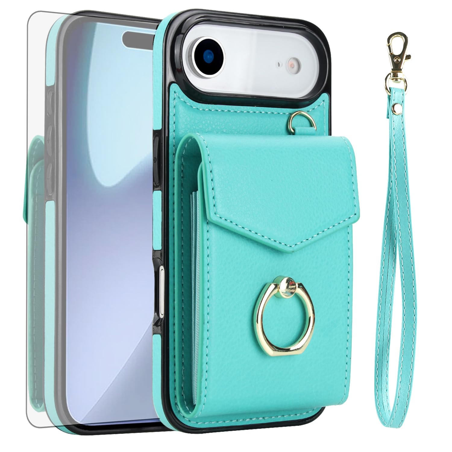– Asuwish Phone Case for iPhone 17 Air 6.5 inch Wallet Cover with Tempered Glass Screen Protector and RFID Blocking Ring Credit Card Holder Leather Cell Accessories i Phone17 i17 17Air Women Men Teal