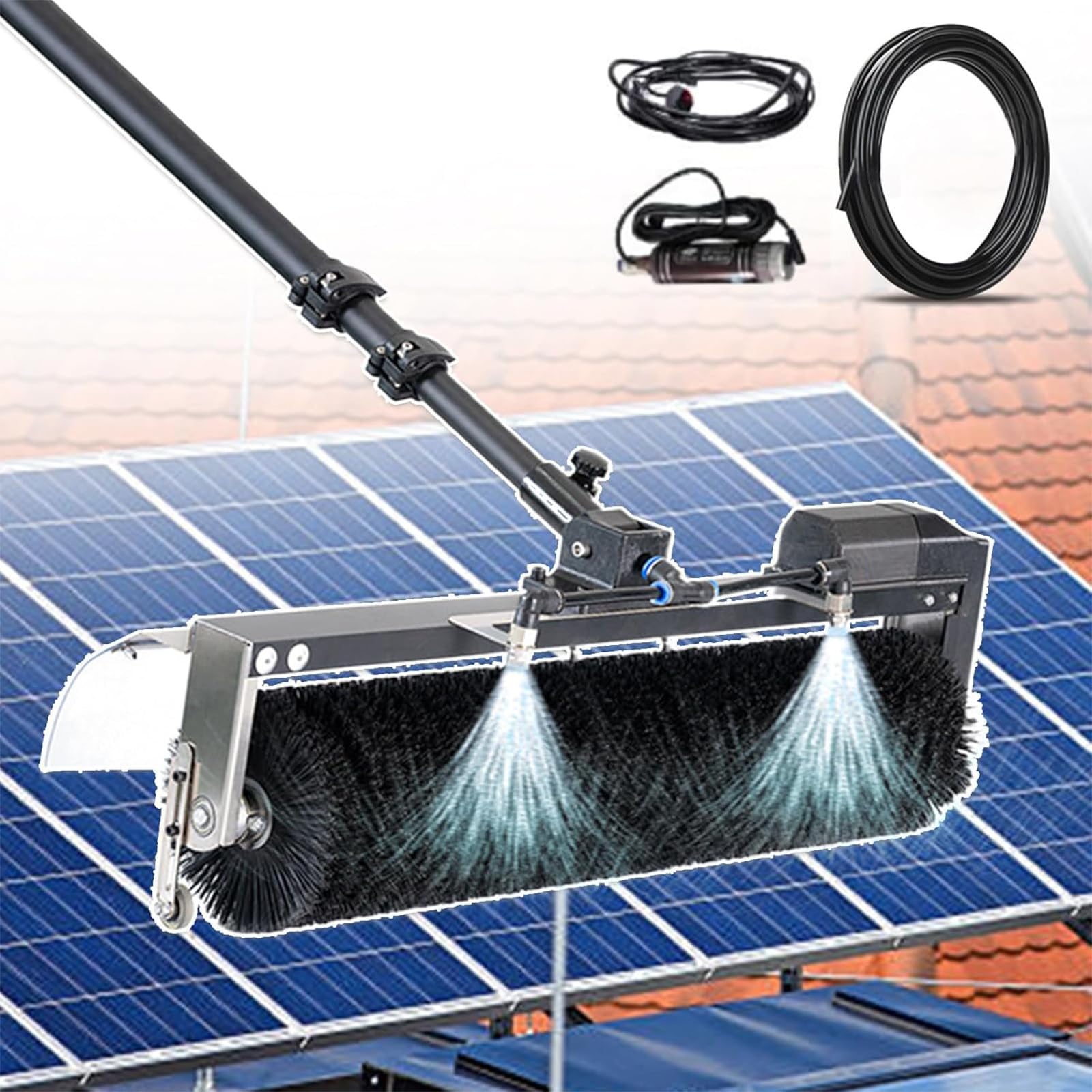 Cepillo y Poste Extra Largos para Limpieza de Paneles Solares, máquina eléctrica de Limpieza Fotovoltaica, Kit de Poste con Alimentación de Agua, Cepillo para Limpieza de Ventanas,7.5m/25ft
