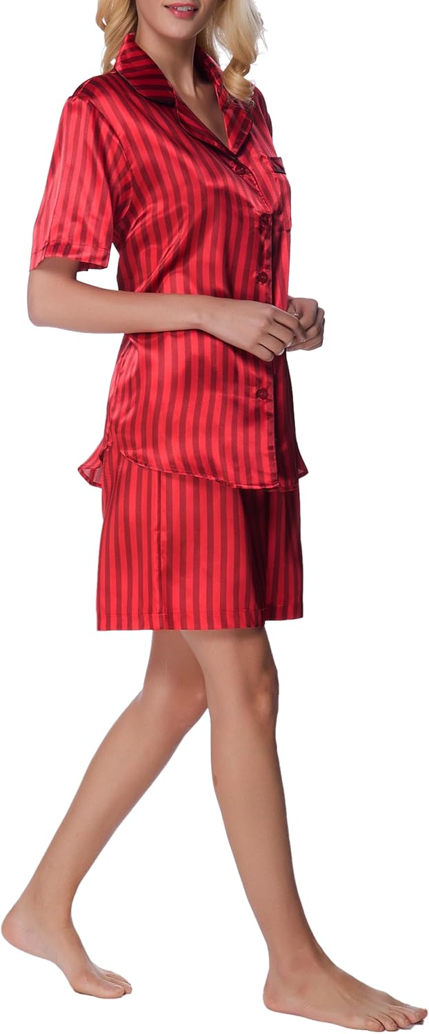 Women's Short Sleeve Classical Silky Satin Pajamas, Short Bottom Sleepwear - Image 3