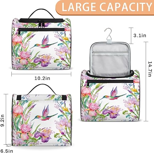 Miniatura 3 de Neceser de acuarela con flores de colibrí para mujer, organizador de maquillaje de viaje con gancho para colgar, bolsas de cosméticos de viaje para