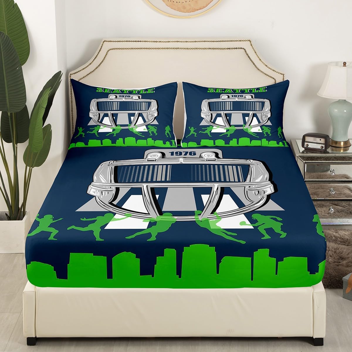 Erosebridal Sports Helmet Bed Sheets,American Football City Fitted Sheet Football Player Silhouette Sheets,Cool Sports City Game Bedding Set Full 3 Pieces(Seattle)
