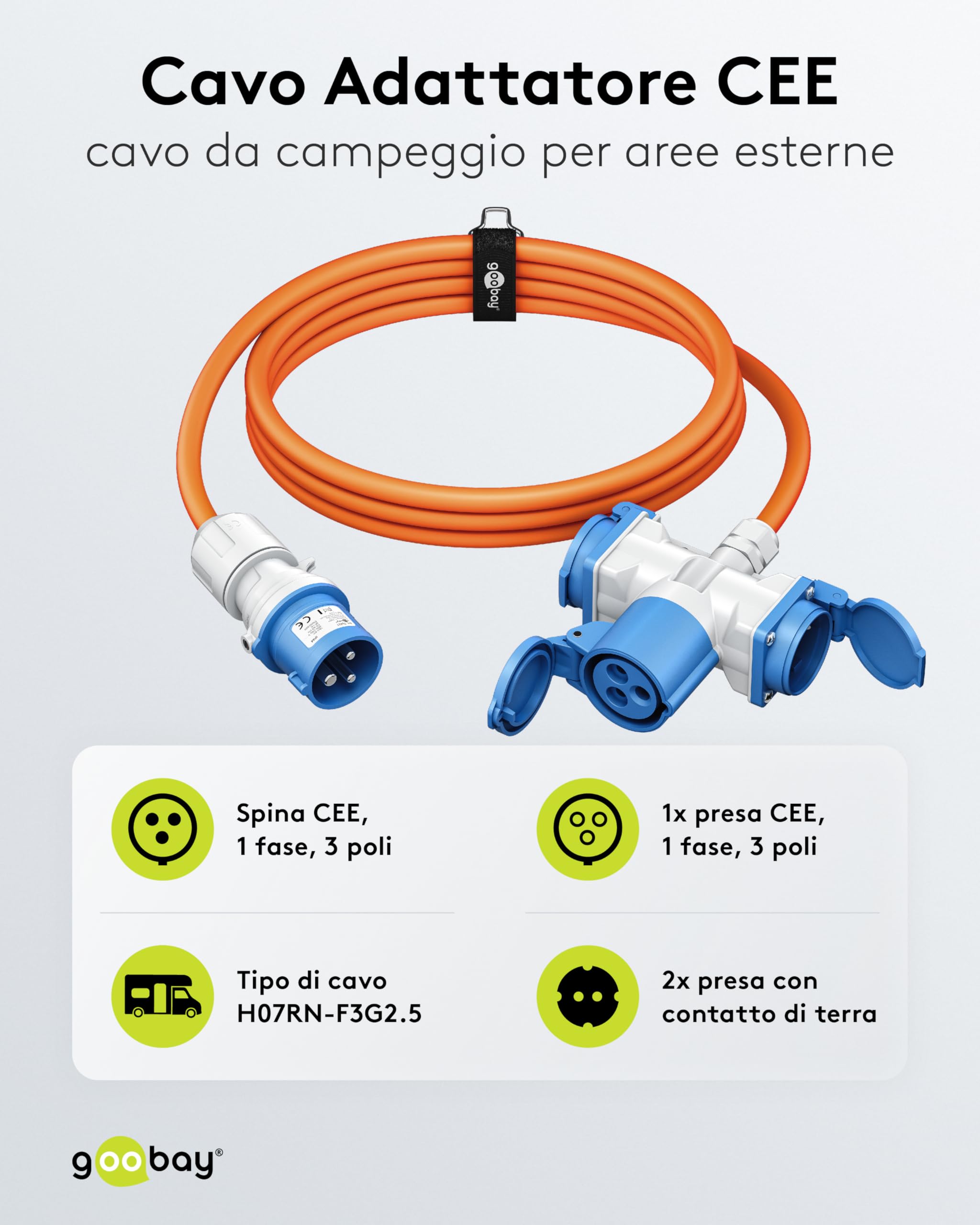 goobay Cavo adattatore CEE per caravan, 1,5 m, spina CEE a 1 presa CEE e 2 prese con contatto di protezione, IP 44, cavo da campeggio, camper e cantieri, 76231