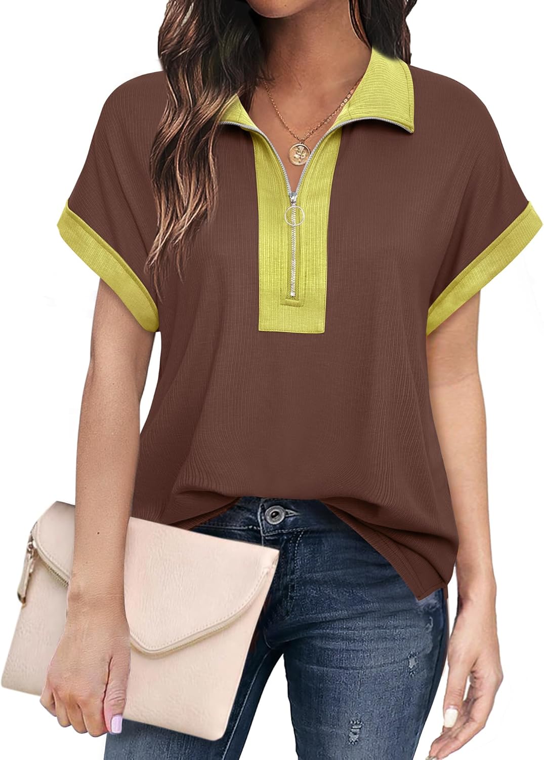 Vivilli Women's Short Sleeve Tops and Blouses Zipper Collar V Neck Business Casual Tops Loose Fit Tunic Shirt Polo Shirts - Image 2