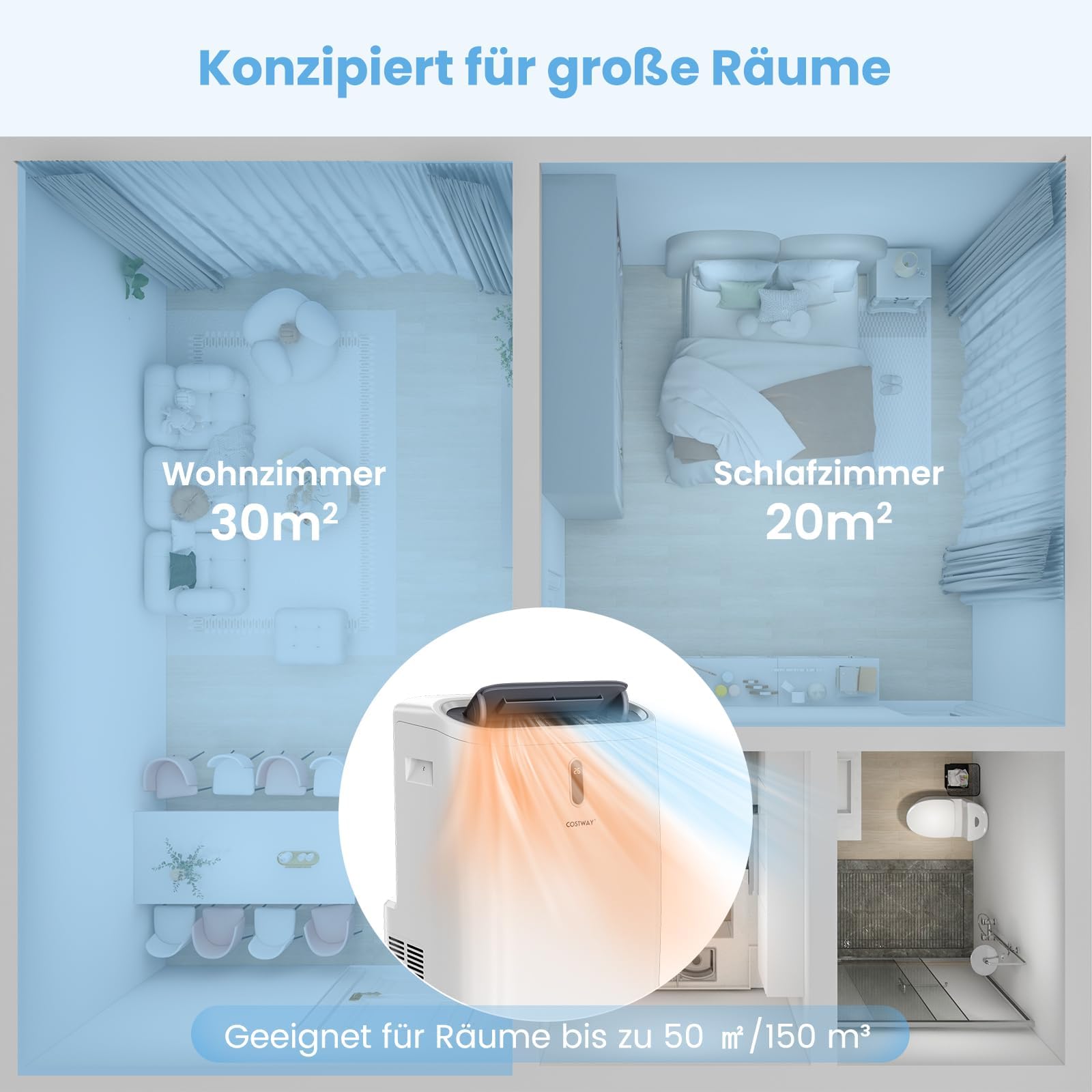COSTWAY Klimaanlage mobil 16000BTU, Klimagerät mit Abluftschlauch | 5 in 1 Kühlen & Heizen & Entfeuchten & Schlafmodus für Räume bis zu 150 m³, Fernbedienung/App, 24H Timer, 4700W, ≤57dB