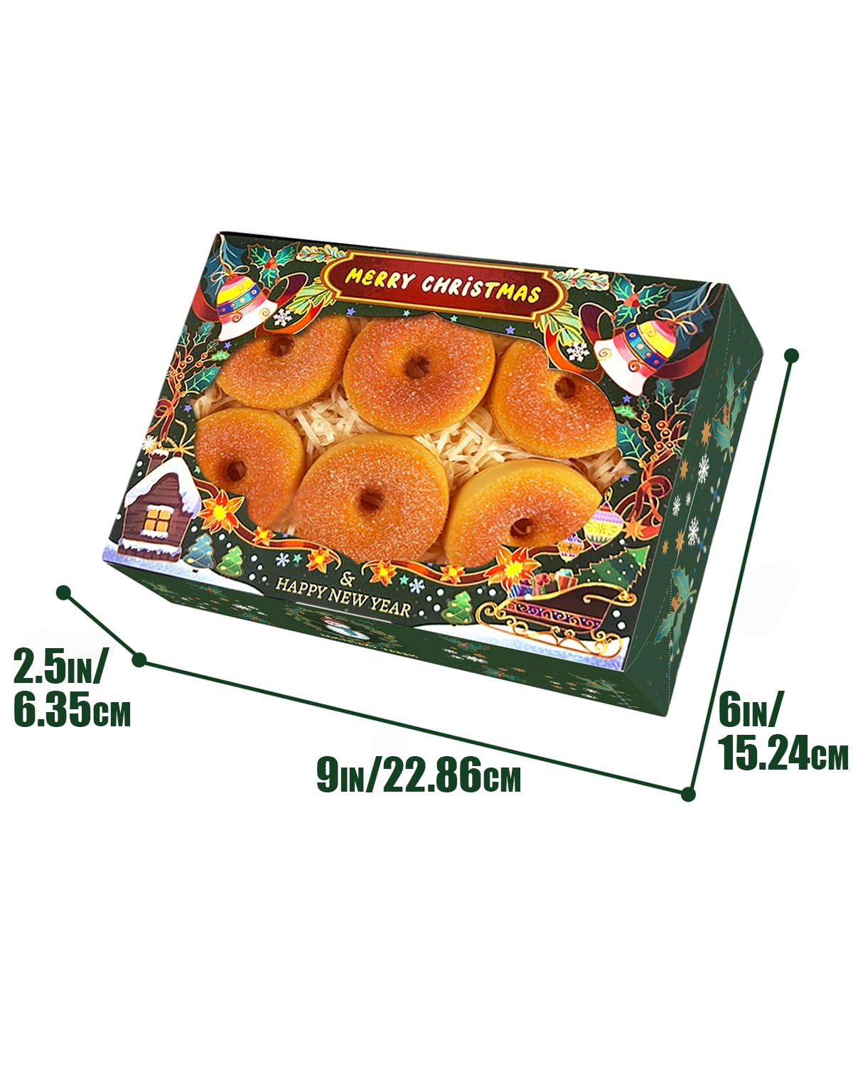 qiqee Scatola per biscotti di Natale con finestra, 22,9 x 15,2 x 6,3 cm, 50 pezzi, per pasticceria, macaron, stile retrò, per Natale