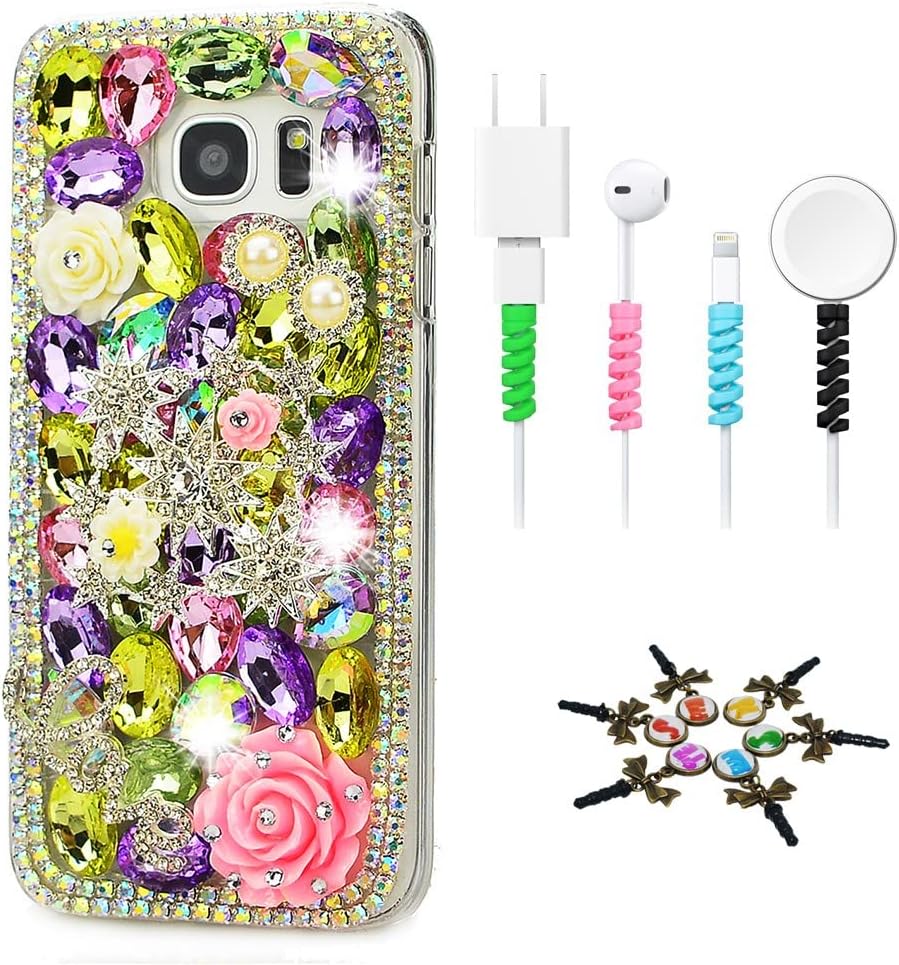 STENES Sparkle Case Compatible with Samsung Galaxy S10 6.1 Inch - Stylish - 3D Handmade Bling Silver Cross Rose Flowers Design Cover Case with Cable Protector [4 Pack] - Pink&Purple