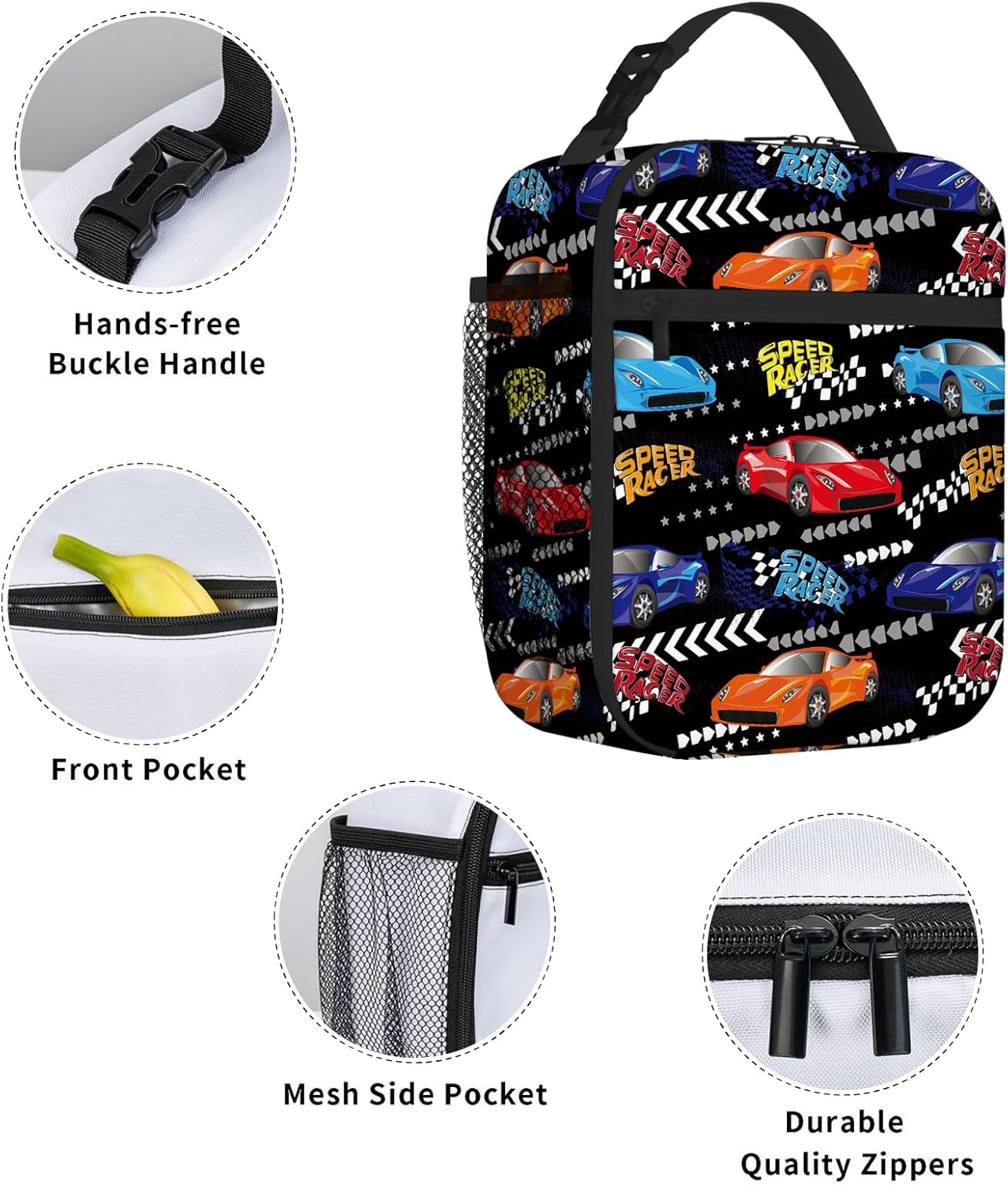 Kids Race Car Lunch Box, Funny Colorful Sports Car Speed Racer Lunch Bag for Boys Kids Men, Boys Cars Lunchbox, Black Portable Insulated Leakproof Cooler Lunch Tote Handbags for School - Image 5