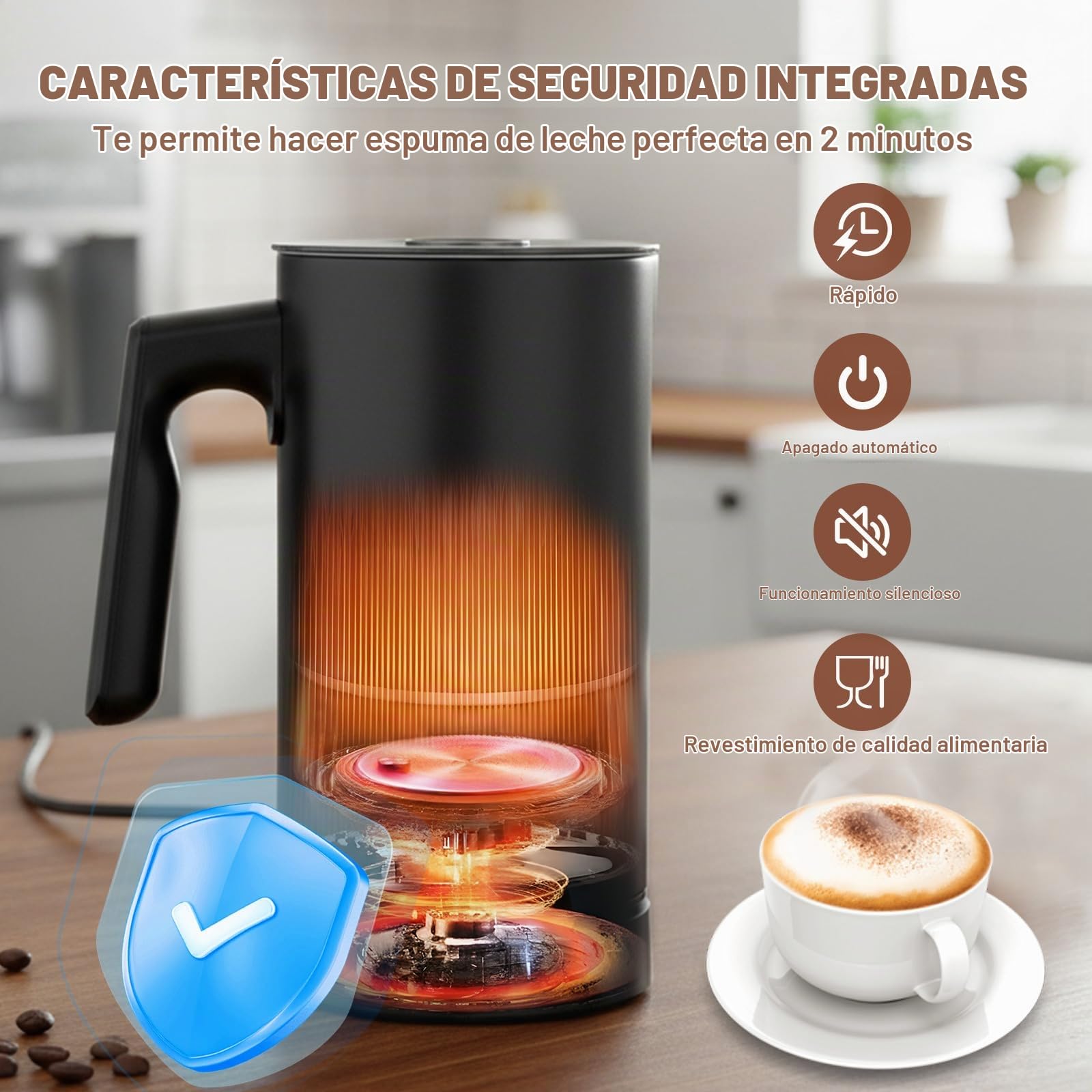 Espumador De Leche Eléctrico Con 4 Funciones: Espumador Automático Para Leche Caliente Y Fría, Apagado Automático, Acero Inoxidable, Ideal Para Matcha (Negro)