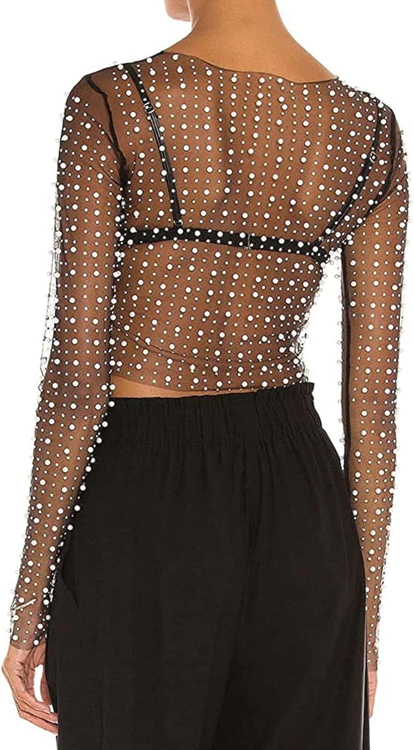 Women's Pearl Rhinestone See Through Long Sleeve Mesh Blouse One Piece Cover Up Crop Tops - Image 4
