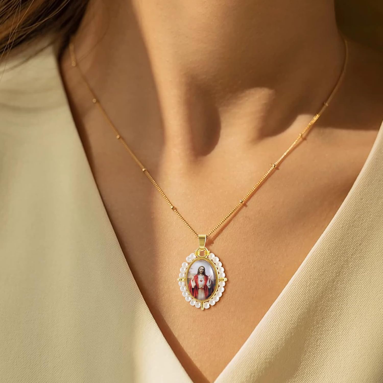 KOMI Virgin Mary Jesus St Michael Pendant Necklace for Women Dainty 18K Gold Plated Saint Medal with Pearl Protection Necklace Catholic Religious Jewelry - Image 5