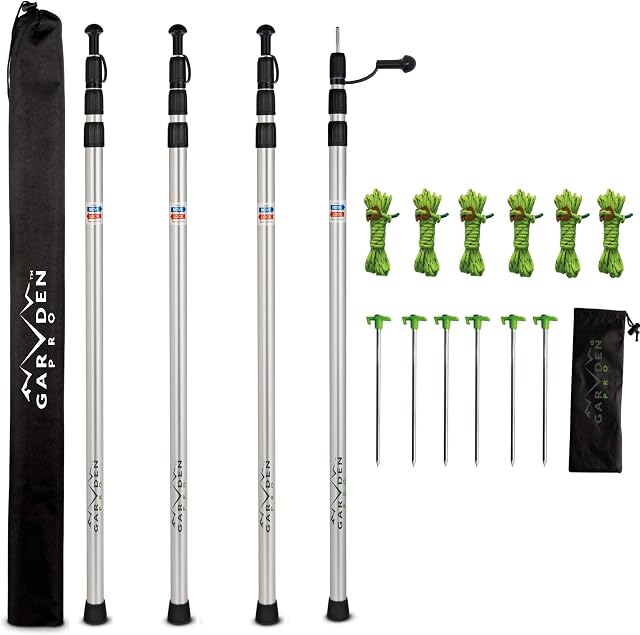 Set of 4 Telescoping Tarp Poles | Replacement Canopy Adjustable Aluminum Rods, Portable & Lightweight for Tent Fly, Awning, Outdoor Camping, Hiking, Backpacking & Rainfly + 6 Pegs & 6 Reflective Ropes