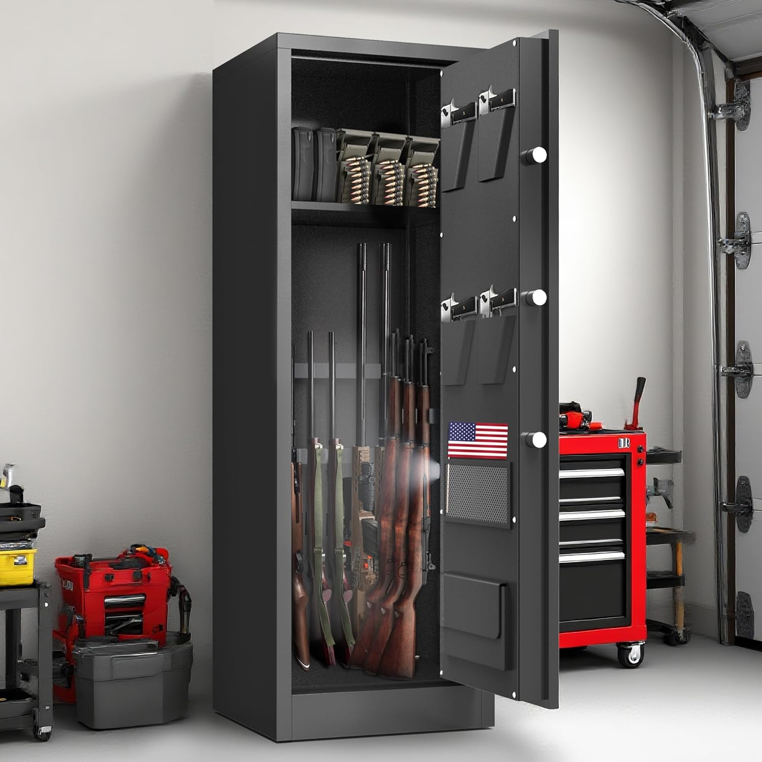 Interior view of the Emasme gun safe showing removable shelf, adjustable gun slots, LED light, pistol pouches, solid locking bolts, and ammo bags.