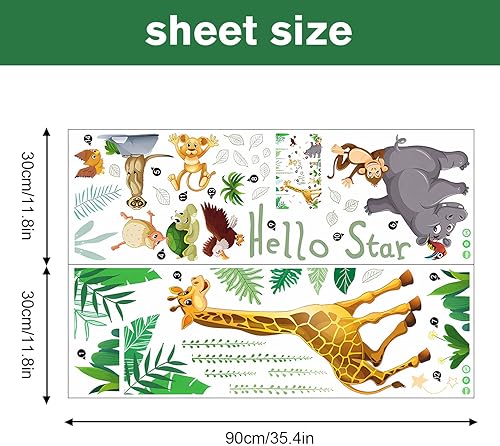 Miniatura 6 de Supzone Calcomanías de pared de animales de la selva, diseño de animales de dibujos animados, jirafa, hipopótamo, mono, plantas verdes, calcomanía