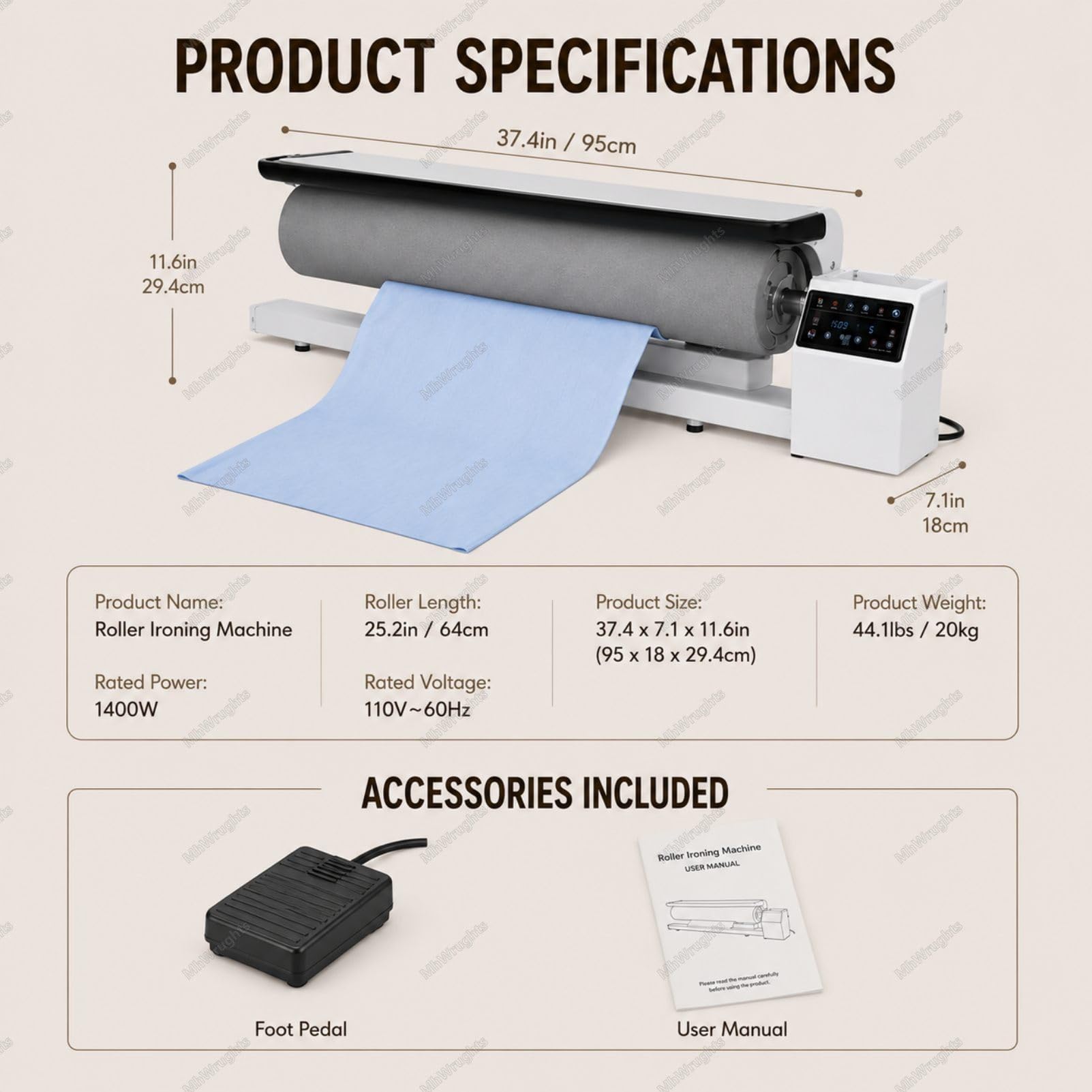 Rotationsdampfbügelmaschine mit Ständer, 91 cm (36 Zoll) Walzenbügelpresse mit Dauerdampf, einstellbaren Stoffeinstellungen und Fußpedalbedienung, für Hotels Withstand