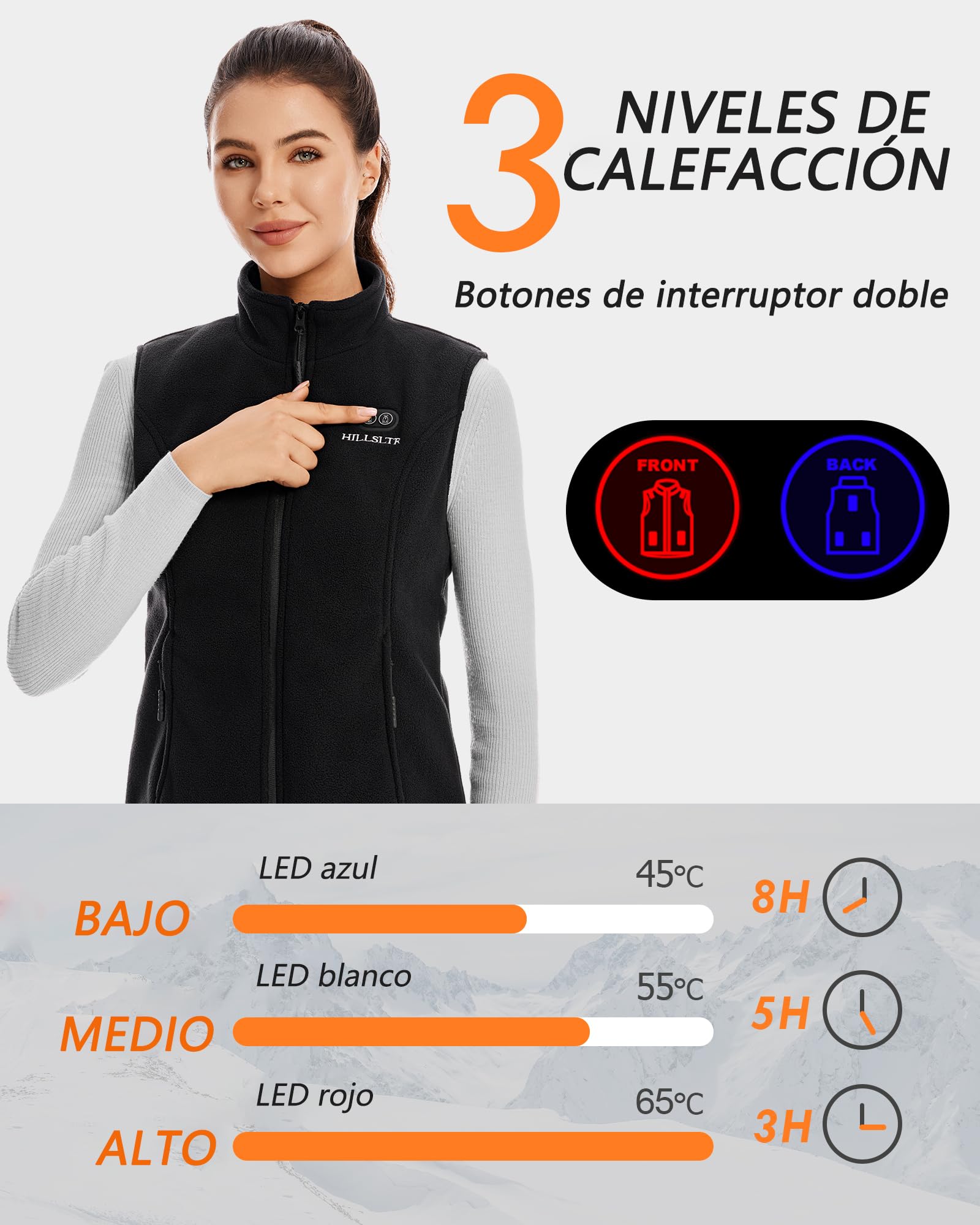 Chaleco Calefactable de Forro Polar para Mujer con Batería 7.4V 12000mAh, 8 Zonas de Calefacción, Chaleco Calefactable con 3 Niveles de Temperatura, Chaleco Calefactable para Esquí/Ciclismo