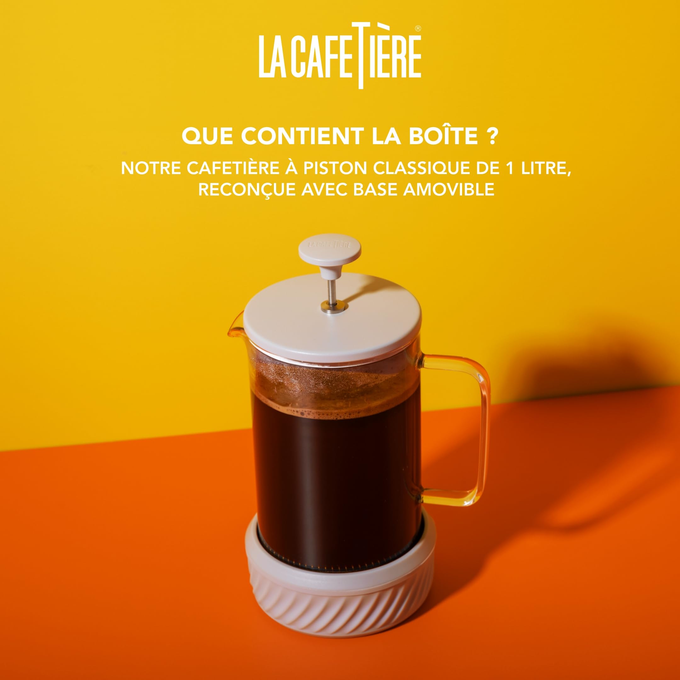 La Cafetiere Zero Cafetière à piston 8 tasses, couleur latte/crème, résistante à la chaleur, poignée en verre et base amovible en silicone, facile à nettoyer, idée cadeau pour amateurs de café