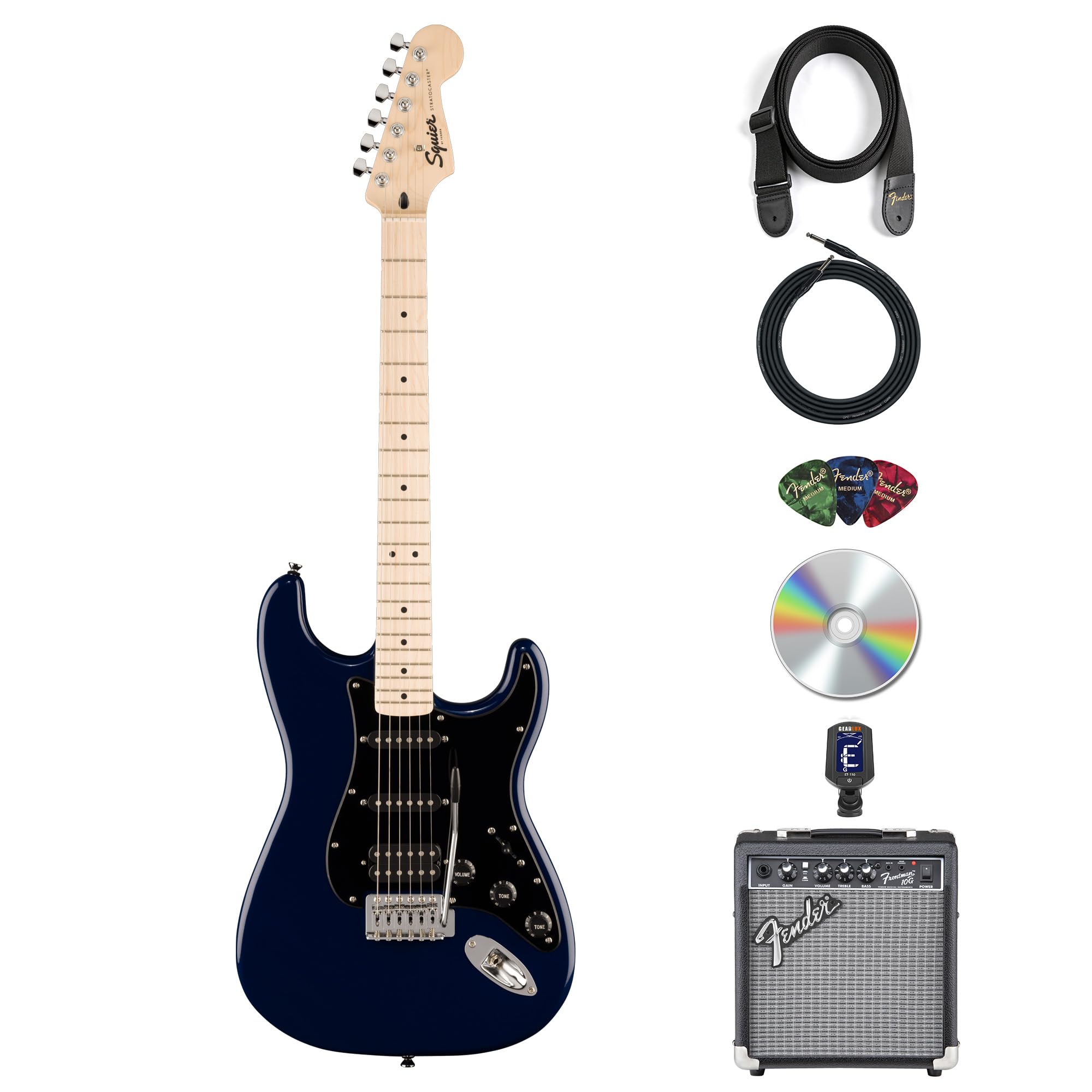 Fender Squier Sonic Stratocaster HSS - Midnight Blue Bundle with Frontman 10G Amplifier, Instrument Cable, Tuner, Strap, Picks, and Austin Bazaar Instructional DVD