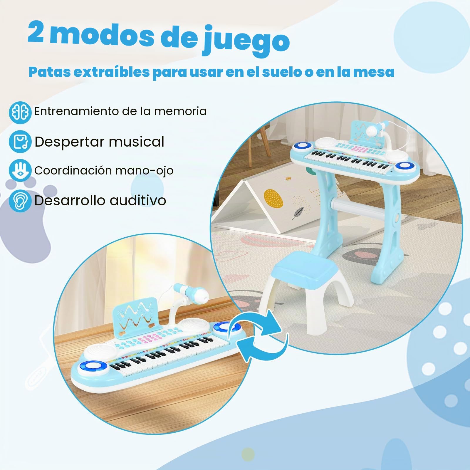 RELAX4LIFE Piano Infantil 37 Teclas con Micrófono, Soporte, Atril y Taburete, Piano Eléctrico con Función de Grabación, 8 Tonos, 8 Ritmos, USB/MP3 para Niños 18+ Meses, Juguetes Niños 1 Año (Azul)