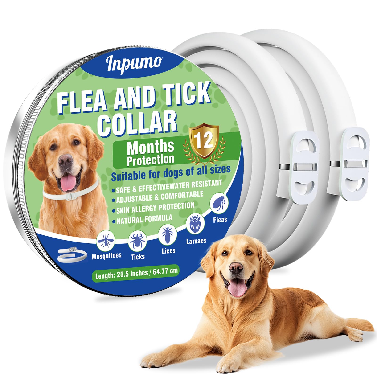 Inpumo Collar Antiparasitario Perros, Collar para Ajustable Resistente al Agua, Antiparasitario para Todo Tipo de Perros, 12 Meses de Protección Eficaz (2 Pack)