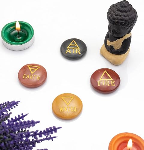 Miniatura 3 de Crocon Piedras surtidas de 4 elementos, símbolos triangulares grabados de forma redonda (Tierra Aire Fuego Agua) Piedras de palma pulidas para
