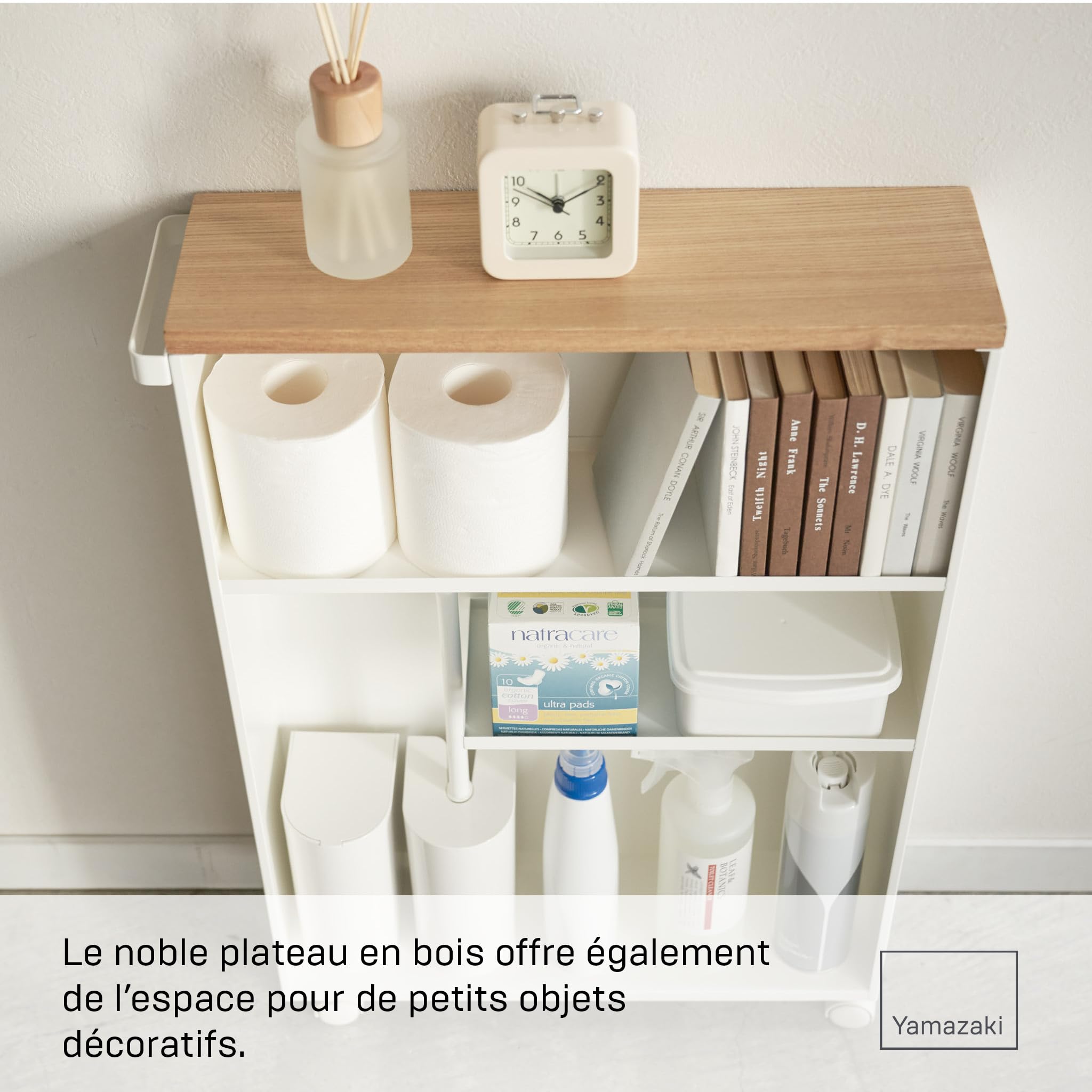 YAMAZAKI Tower Chariot de Rangement et Semi-fermée, en Acier - avec roulettes et poignée, Plateau en Bois, 3 Niveaux, Rangement Discret, Salle de Bain - 47,5 x 13 x 68 cm, Design Japonais, Blanc