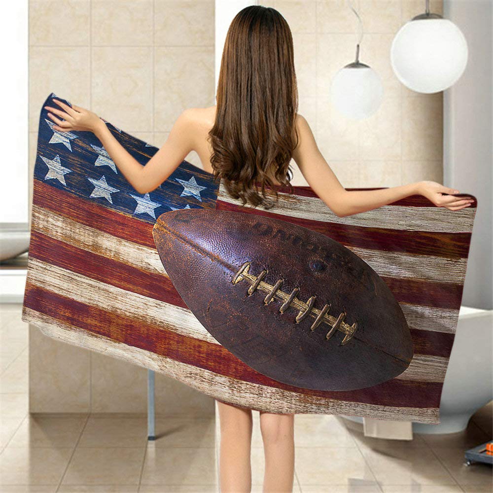 Moslion Comfy Bath Towels Vintage Style American Football on American Flag Pattern Soft Bathing/Beach/Camping Towel for Women Men Girls Boys Large Size 64x32 Inches