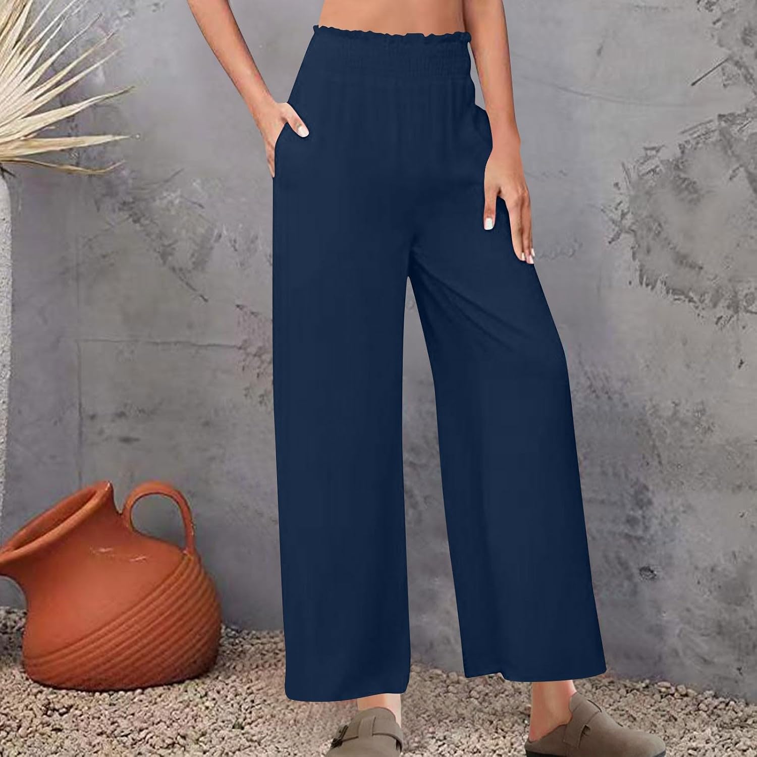 Lmdudan 2025 Cotton Linen Pants for Women High Waisted Wide Leg Palazzo Trousers Elastic Smock Waist Loose Flowy Pants