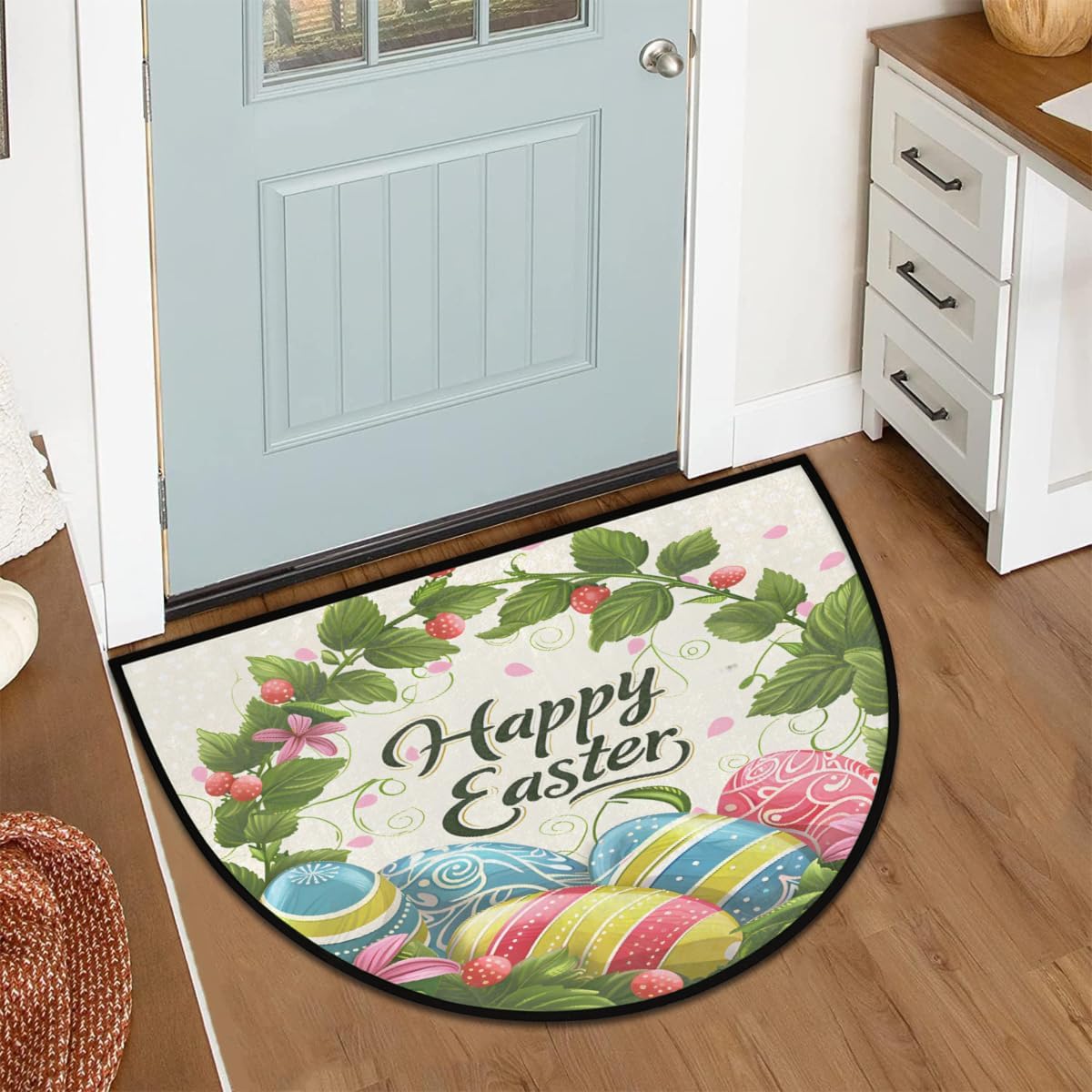 Happy Easter Eggs Flower Greens Half Round Door Mat Non-Slip Welcome Entryway Soft Area Rug Absorbent Bathroom Rugs Wear Resistant Indoor Kitchen Mats 24 x 36 in for Home Deck Patio Garage