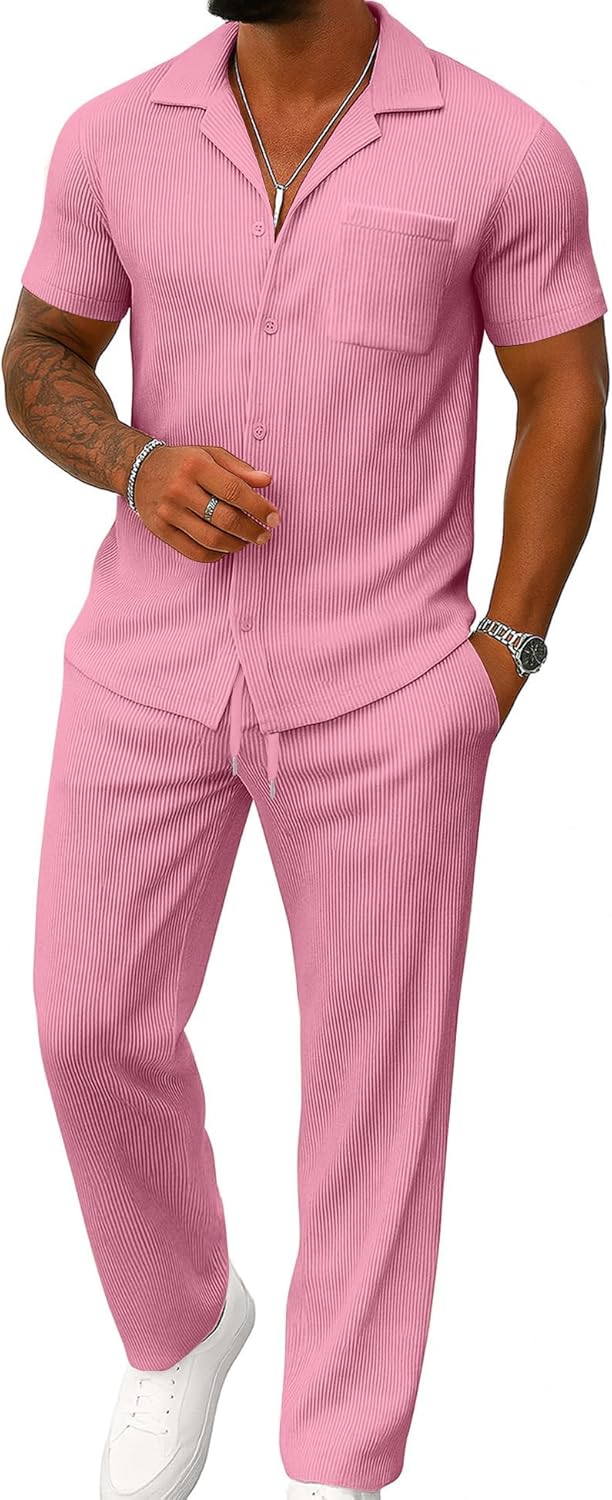 UOUA Mens Summer 2 Piece Set Casual Outfits Button Short Sleeve Shirt & Loose Pants Textured Striped Tracksuit Walking Suits