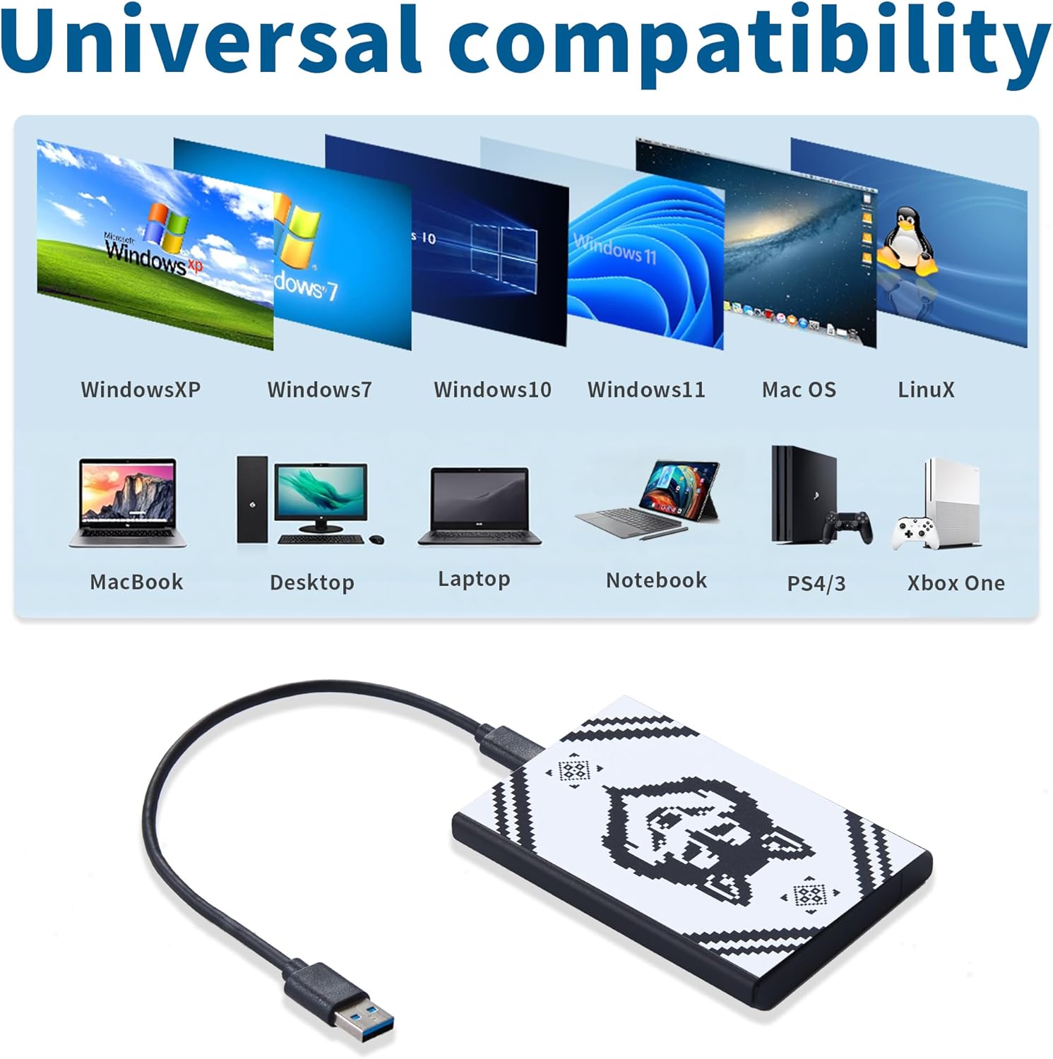 Plicnla Portable External Hard Drive 500GB，USB 3.0 USB-C Storage Expansion for PC, Mac, Desktop, Laptop, PS4, Xbox One X/S, Xbox 360 (Wolf)