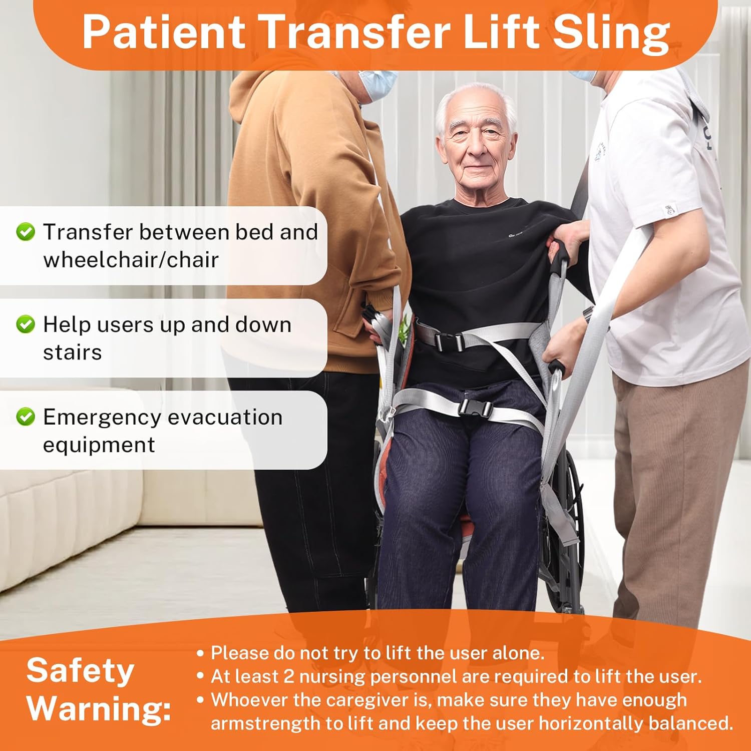 Wheelchair Transfer pad for Body Lift,Upgrade Wheelchair Transfer Sling Seat Cushion, Stair Lifts for Seniors, 8 Handles 2 Shoulder Straps, Orange Grey