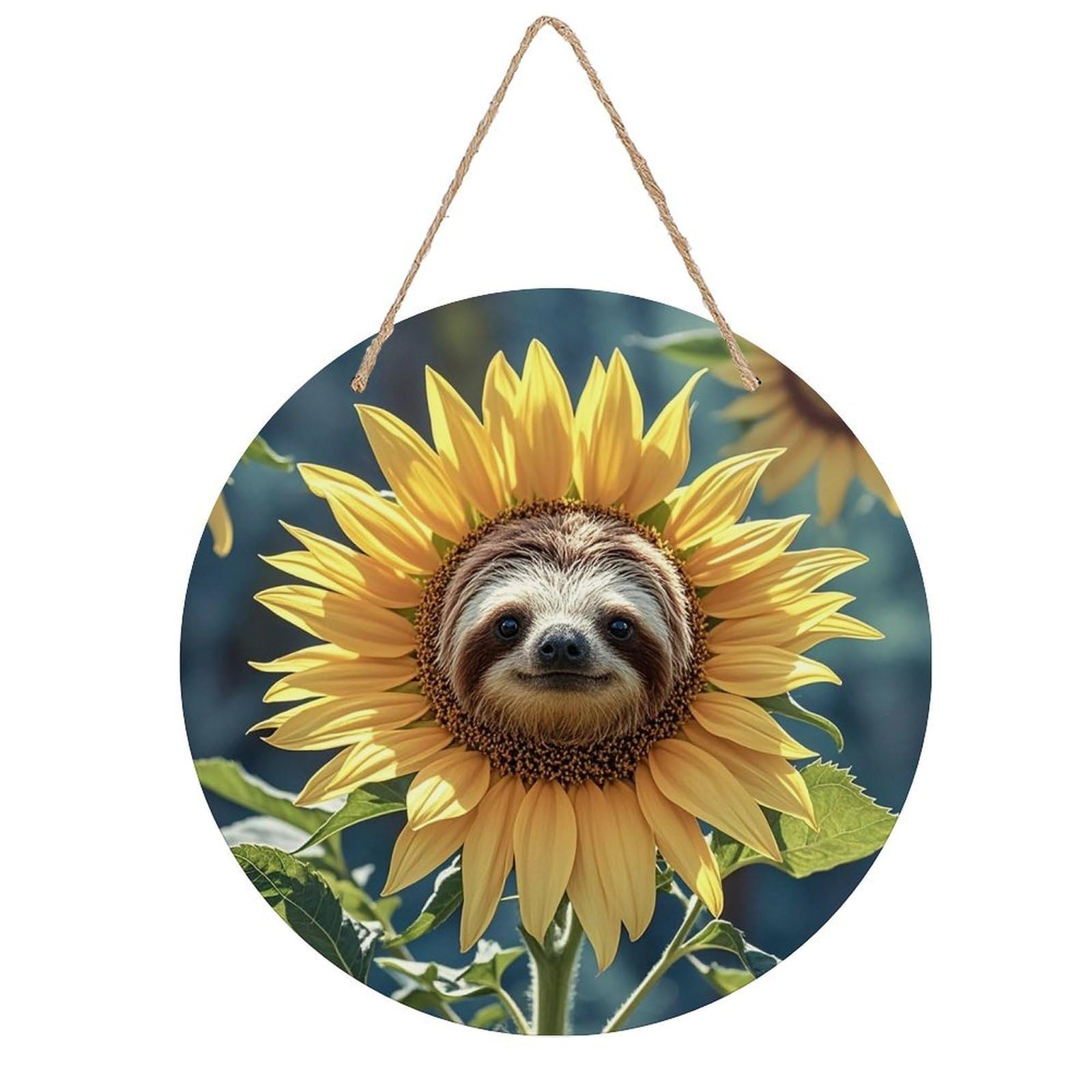 LZQPOEAS Sloth Sunflower Wall Art Decor Round Wood Hanging Sign Rustic Vintage Wooden Door Hanger with Ropes Decorative Plaque Welcome Sign for Home Indoor Outdoor, 7.9x7.9 in