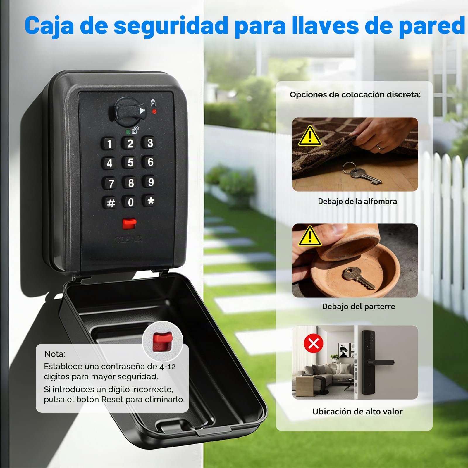 Caja de Seguridad para Llaves Exterior, Guarda Llaves con Código de 12 Dígitos, Gran Capacidad para Pared, Resistente a la Intemperie, Ideal para Casa, Garaje y Negocio (Negro)