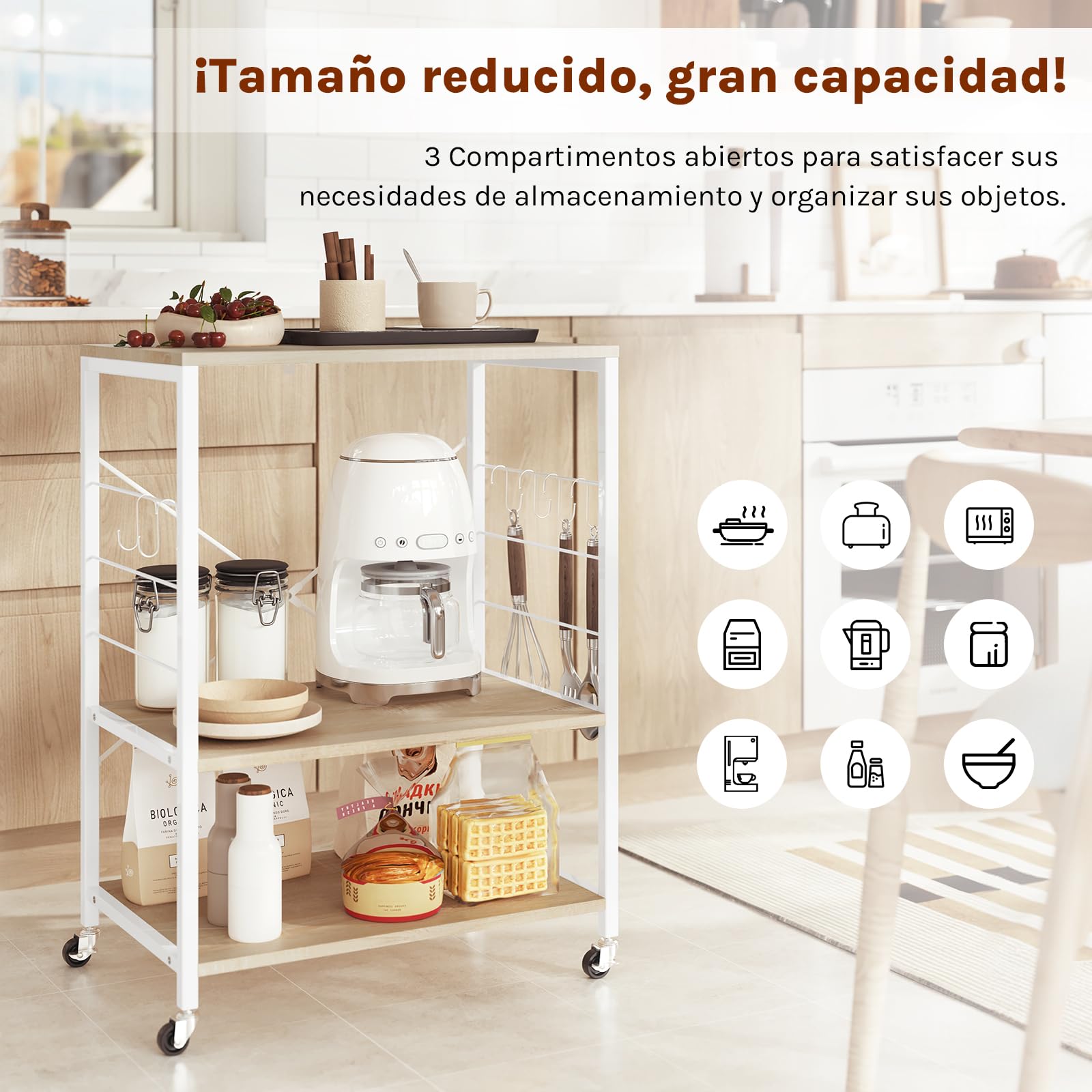 WOLTU Estantería de Cocina con Ruedas, Carrito Auxiliar con Estanteria Almacenaje 3 Niveles, Carro Cocina con 4 Ganchos, Estante de Microondas, Marco Metalico, Blanco + Roble Claro, 60x40x82,5 cm