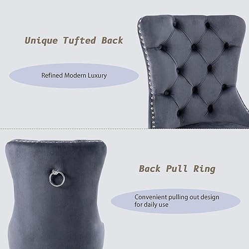 Miniatura 5 de KCC Juego de 2 sillas de comedor de terciopelo, sillas de comedor tapizadas de alta gama con mechones y ribete de tachuelas en el respaldo con