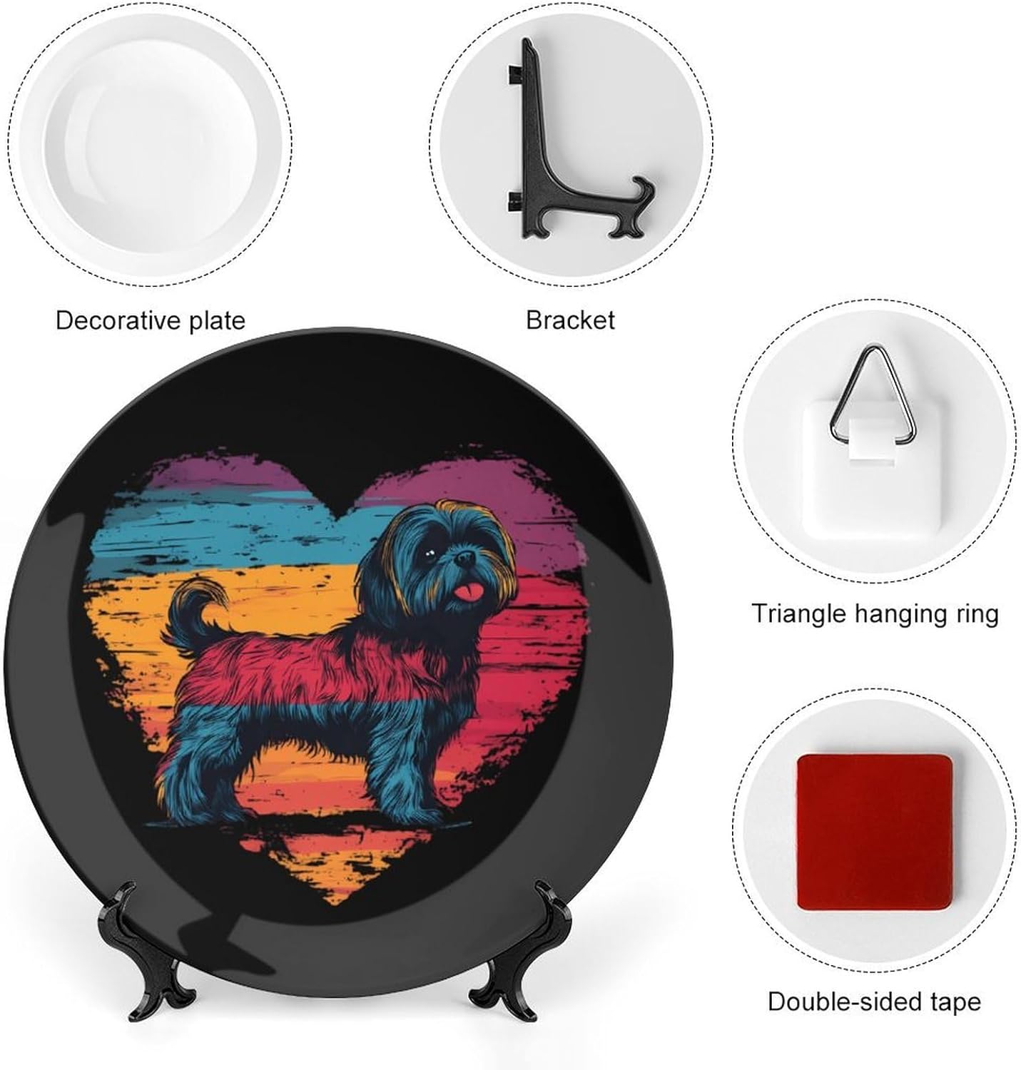 Vintage Shih Tzu Dog Sunset Novelty Decorative Plate with Display Stand Ceramic Ornament Hanging Wall Decor