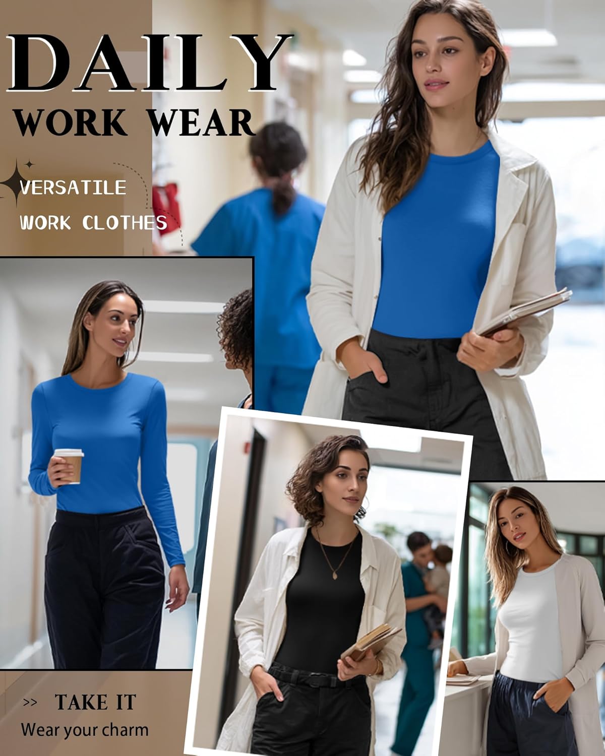 Neer 3 Pack Womens Underscrub Shirts Long Sleeve Crewneck Tops Fitted Layering Clothes Comfort Knit Tops for Nurse - Image 3