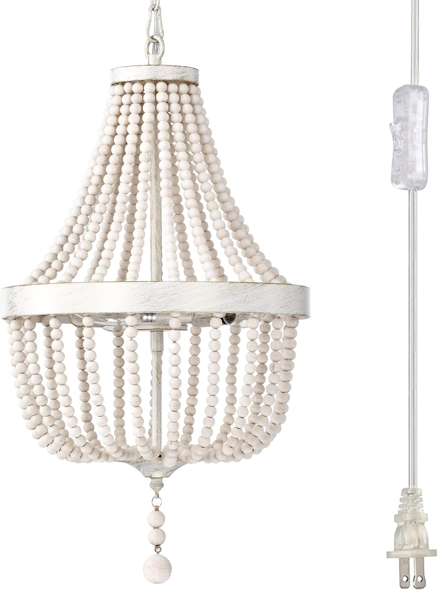 Plug in Chandelier White Chandelier Lighting Small Boho Chandelier Wood Beaded Chandelier 3 ...