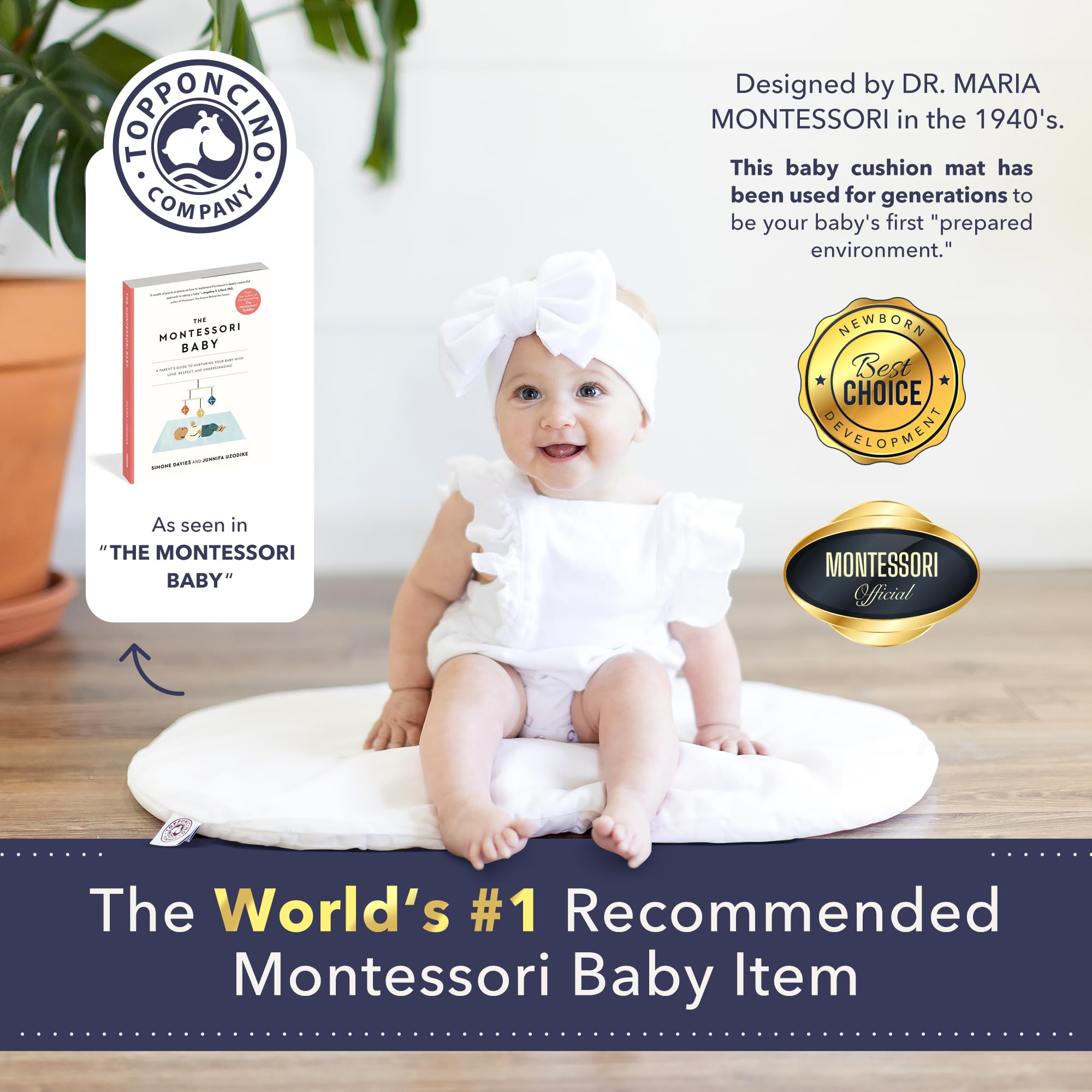 Montessori Baby Topponcino | Multifunzionale autentico Montessori Design | Semplice cuscino di sostegno per neonati | Tappetino per la pancia del bambino pulito (originale, bianco puro)
