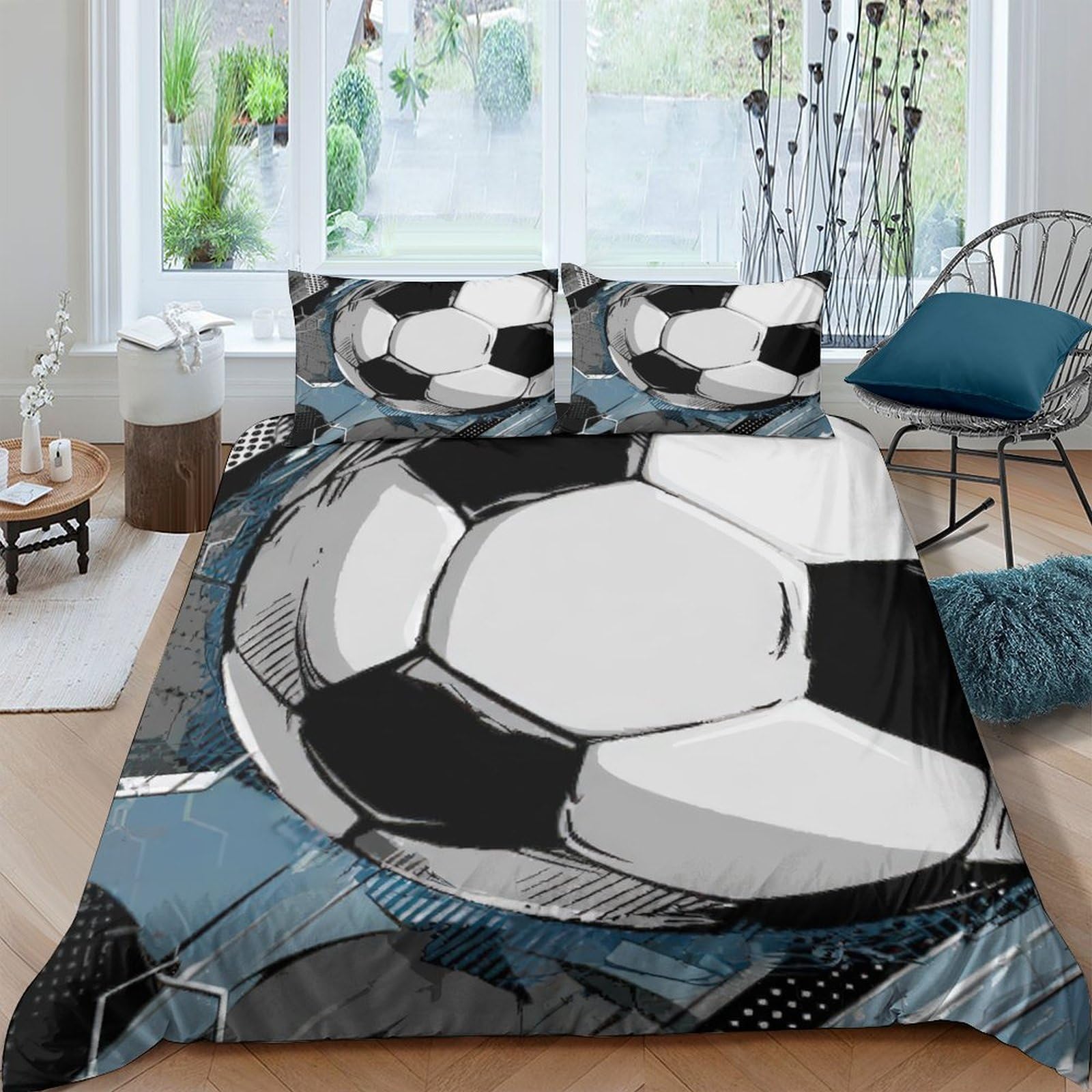 GPLZQXKJNH 3D Printed Football Duvet Cover Set Microfiber Soft Breathable Soccer Bedding Set with 2 Pillowcases for Bedroom Decor Single（135x200cm）