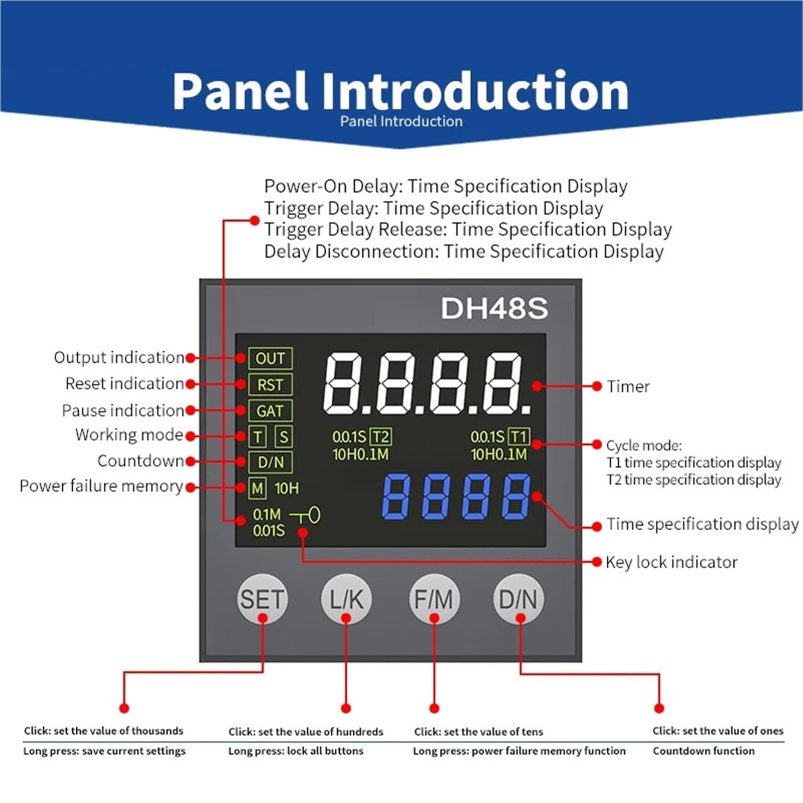 Dh48s-1z/2z/2zh Relè temporizzatore digitale per ciclo Ac220v Ac/Dc24v Dc12v Relè di ritardo di precisione programmabile 0.01s-99990h con base (DH48S-2ZH 12V DC)
