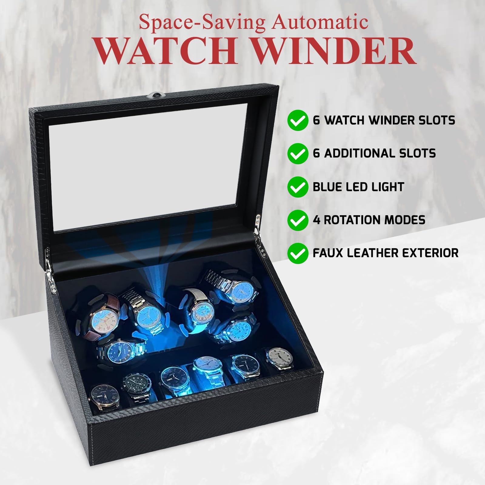 GAIN EXPRESS Uhrenbeweger 6 Uhren, Automatik Uhrenbeweger mit LED-Hintergrundbeleuchtung, Geräuscharmem Motor, Watch Winder für Automatikuhren mit Mehreren Rotationsmodi