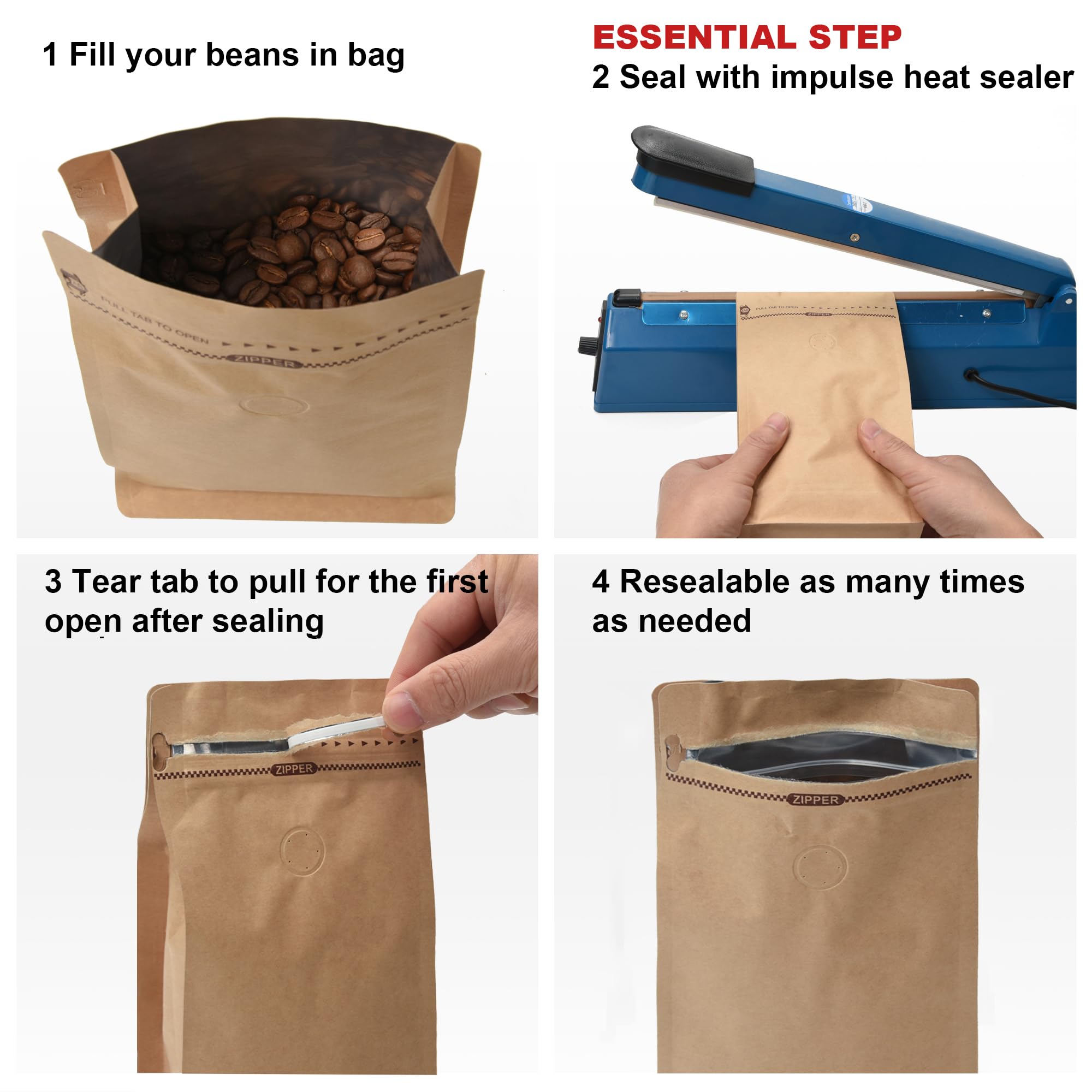 Wiederverschließbare Kraftpapier-Kaffeetüten mit Entgasungsventil, flacher Boden, Seitenfalte, Standbeutel mit Reißverschluss (50 Stück, passend für 250 g Bohnen oder gemahlenen Kaffee)