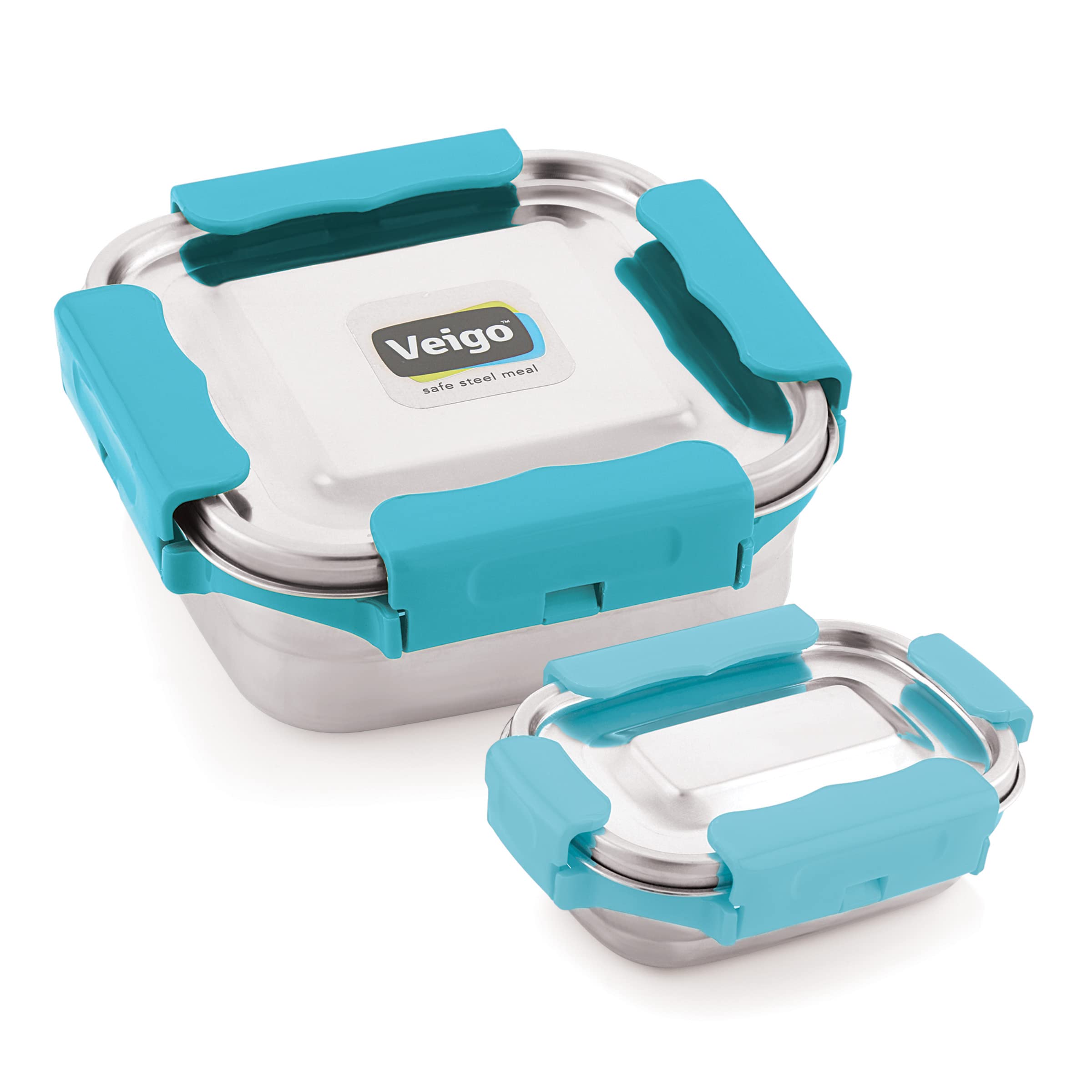 Veigo Premium Finish Maxo Series Stainless Steel Medium & Small Airtight Leak-Proof Lunch Box for Office, School, Picnic, (Medium 450 ml, Small 200ml)- Sky Blue